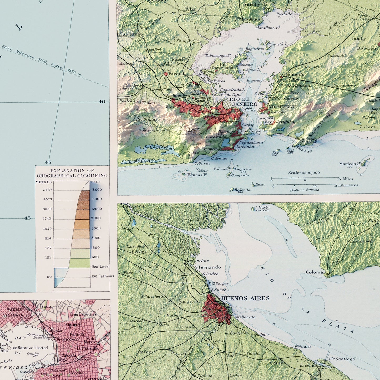 South America 1922 Shaded Relief Map