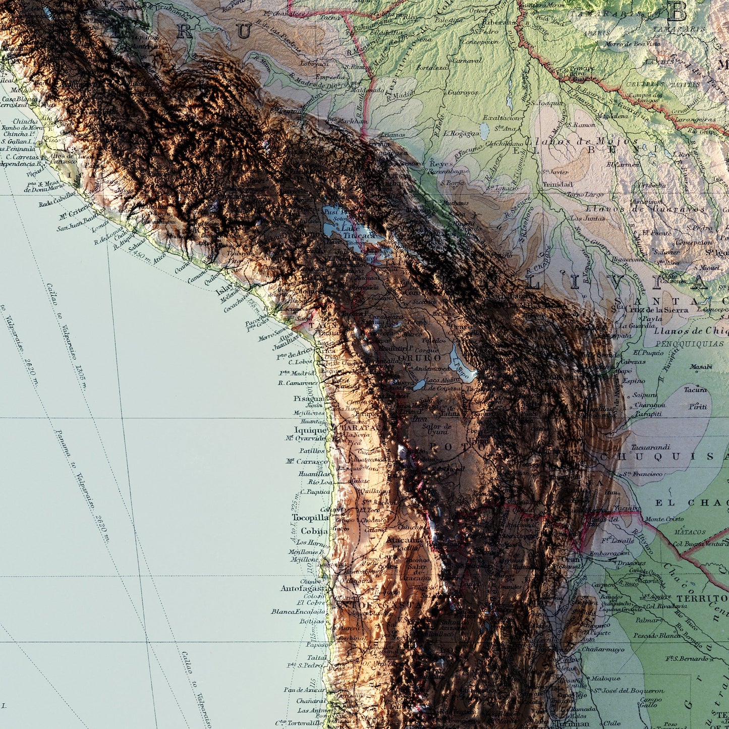 South America 1922 Shaded Relief Map