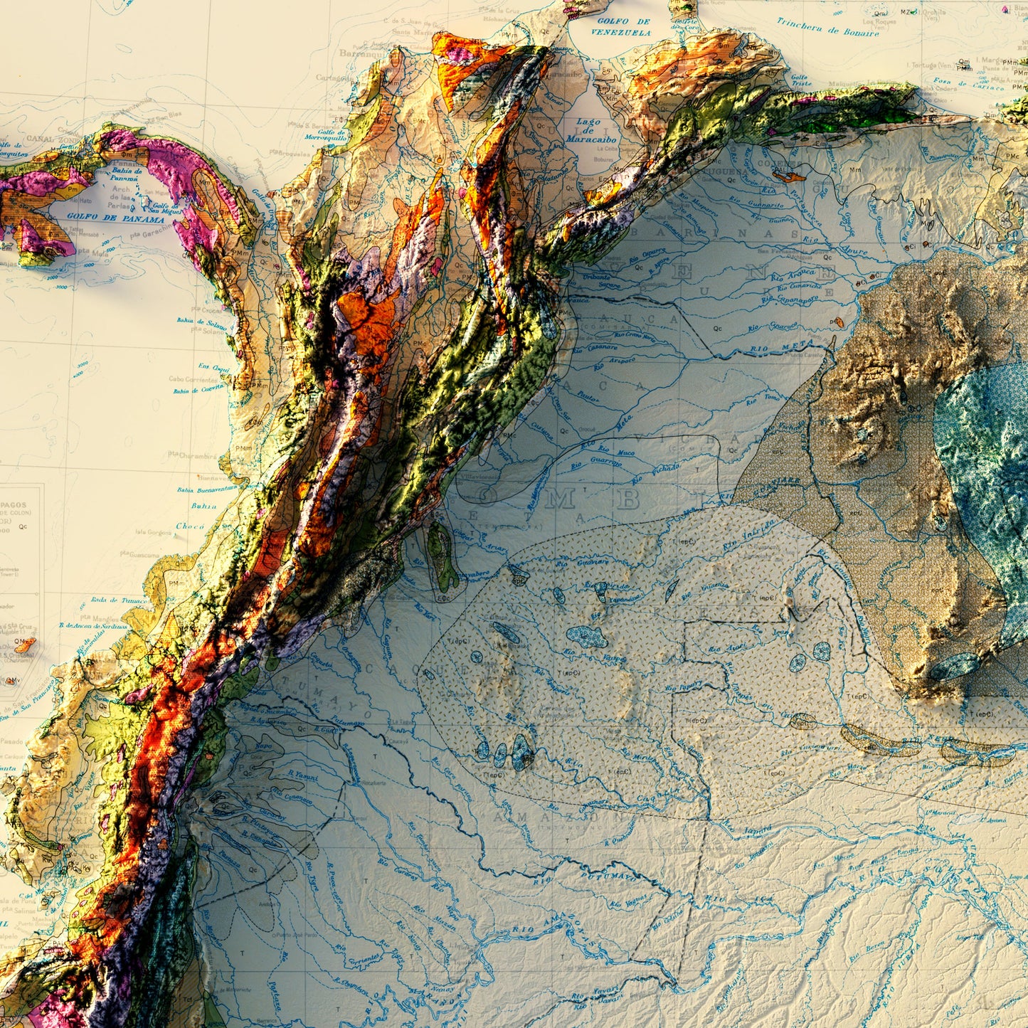 South America 1950 Shaded Relief Map