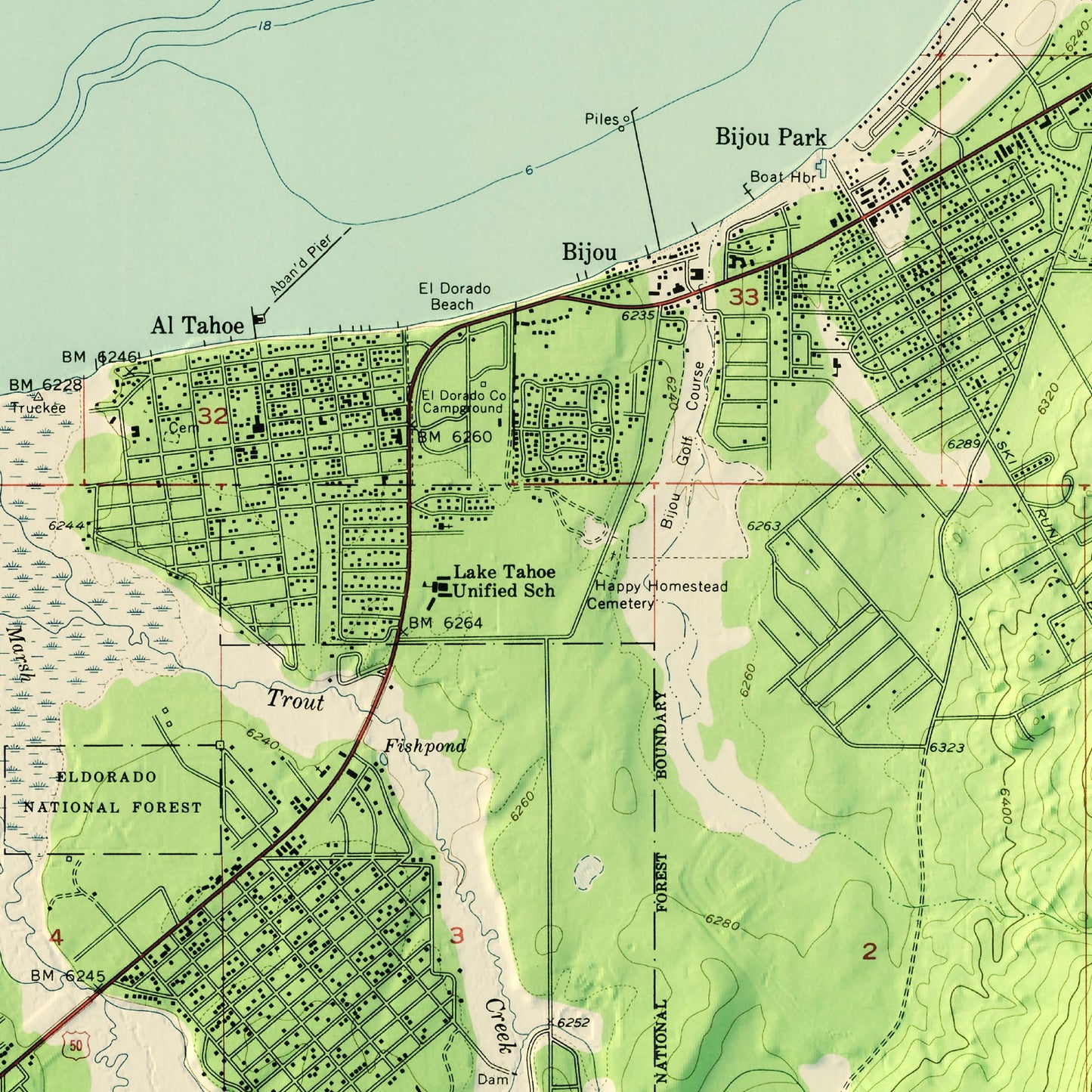 South Tahoe, CA 1955 Shaded Relief Map