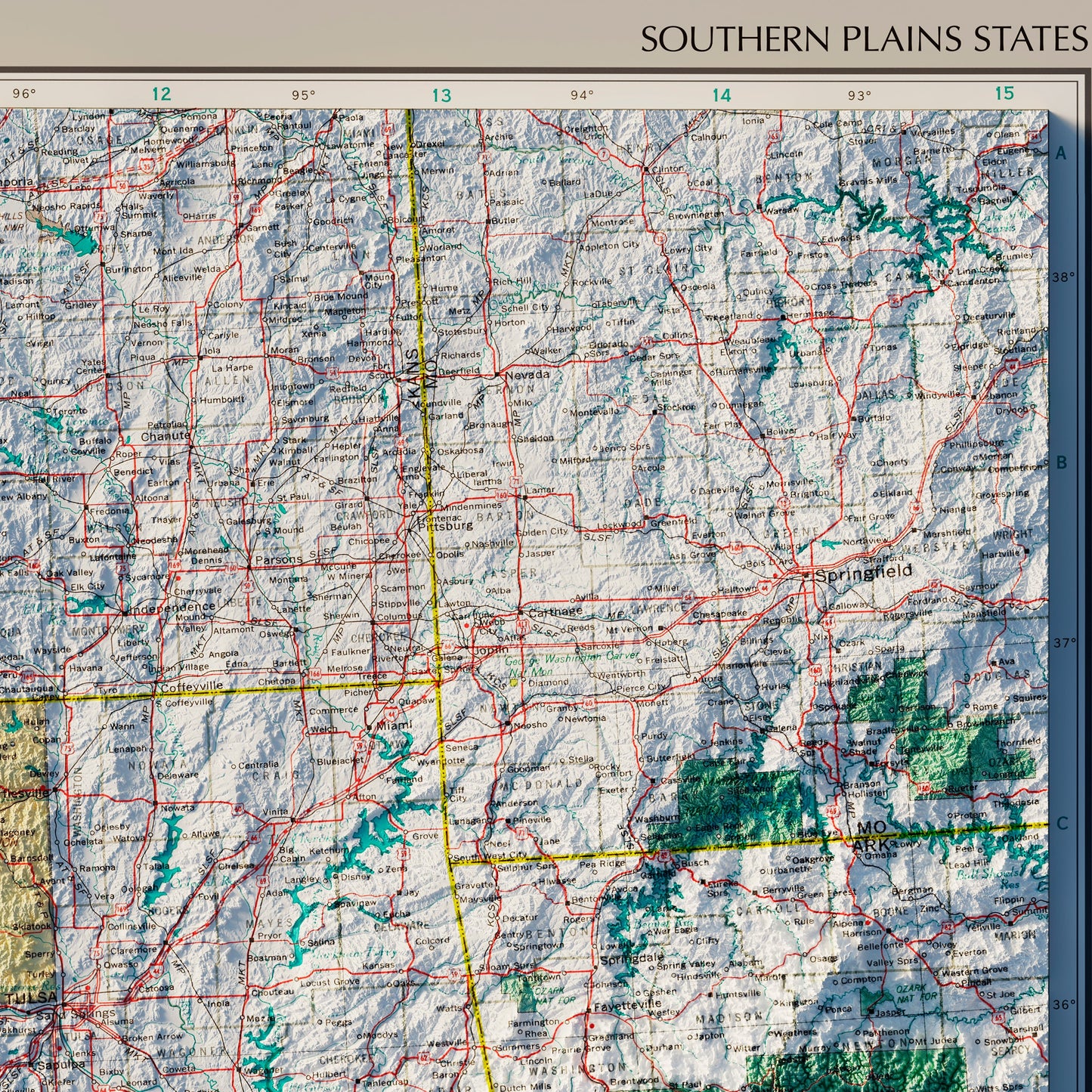 Southern Plains States 1970 Shaded Relief Map