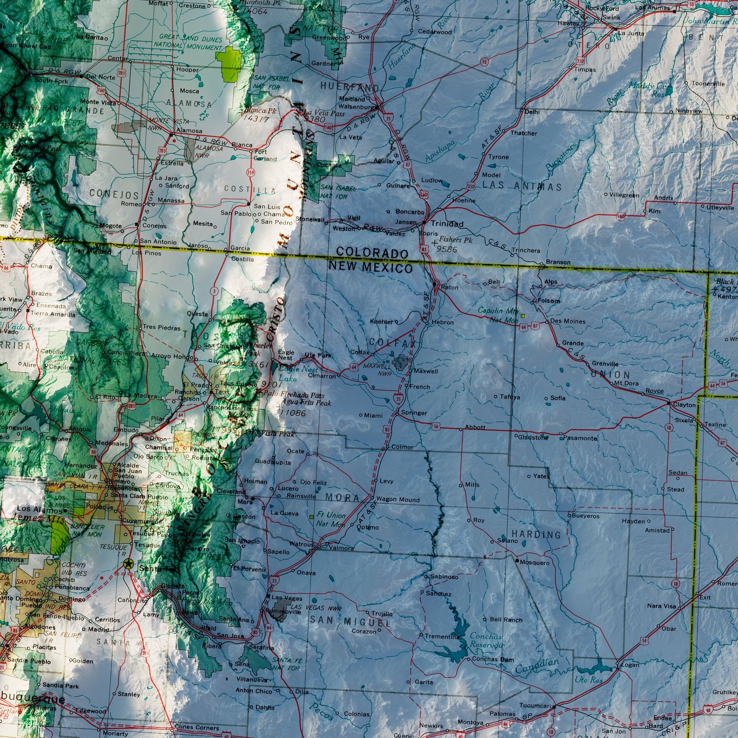 Southern Plains States 1970 Shaded Relief Map