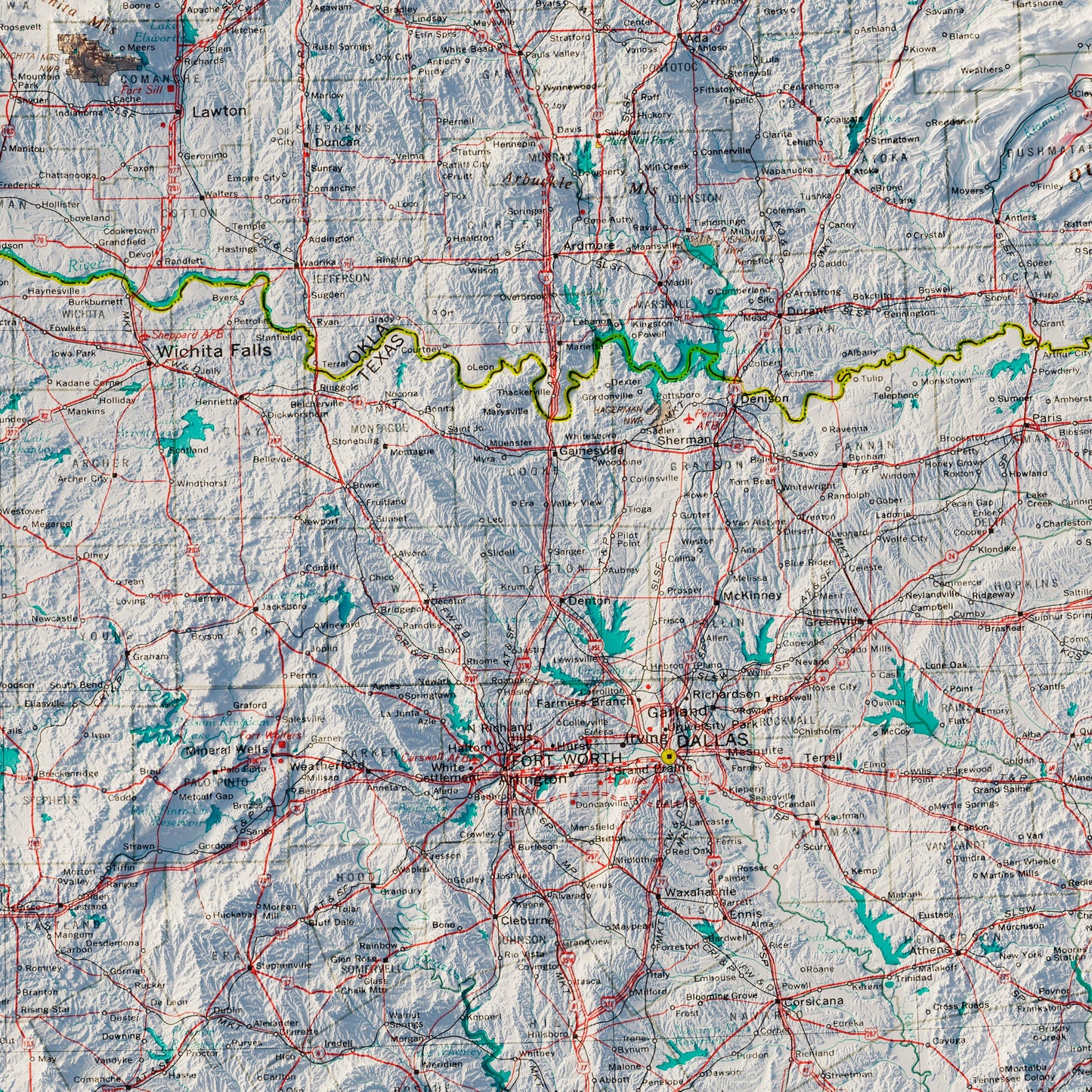 Southern Plains States 1970 Shaded Relief Map