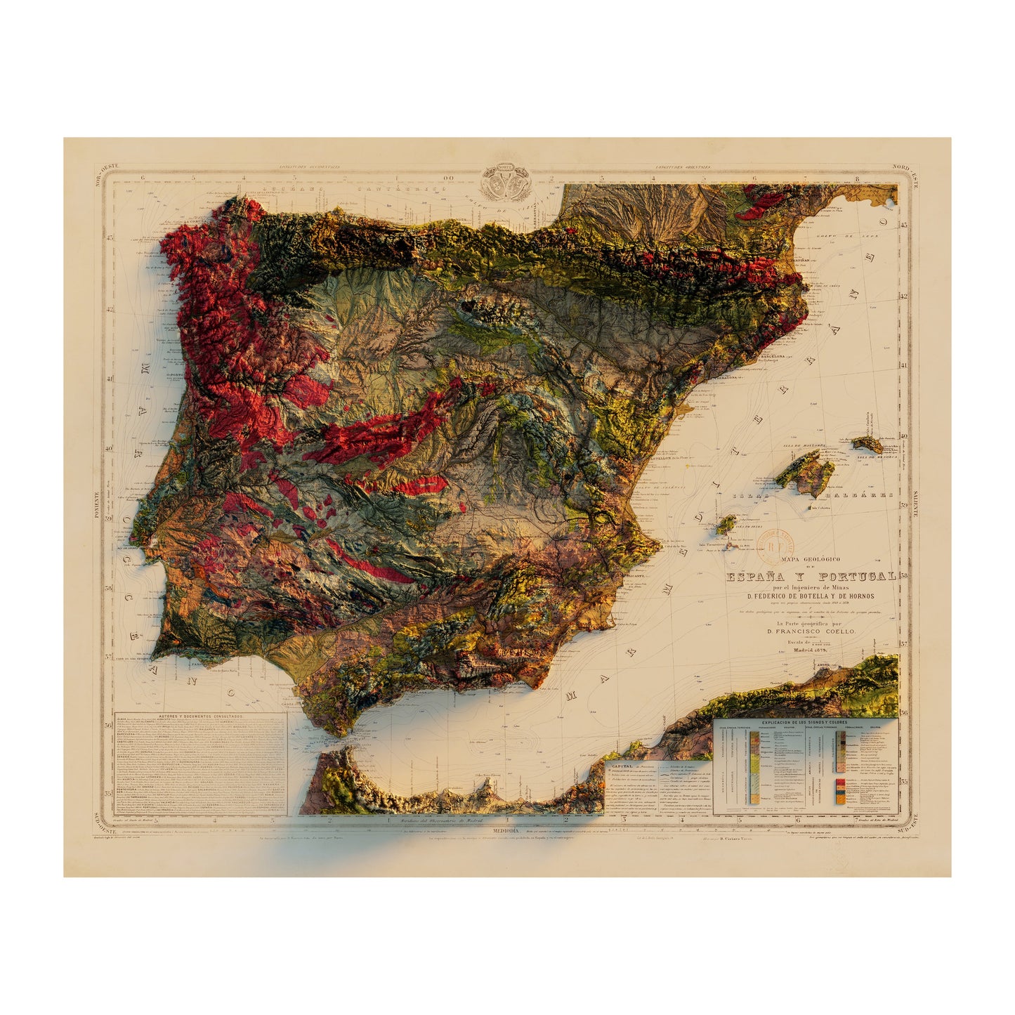 Vintage Spain and Portugal Relief Map - 1879
