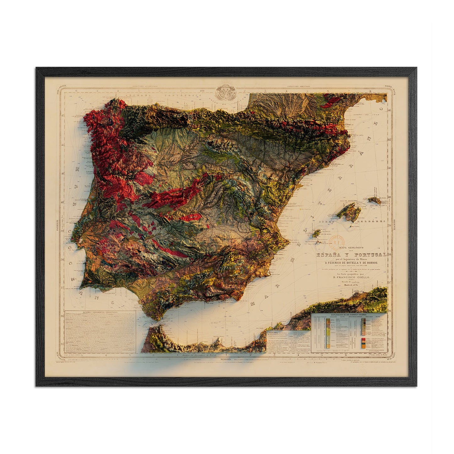 Vintage Spain and Portugal Relief Map - 1879