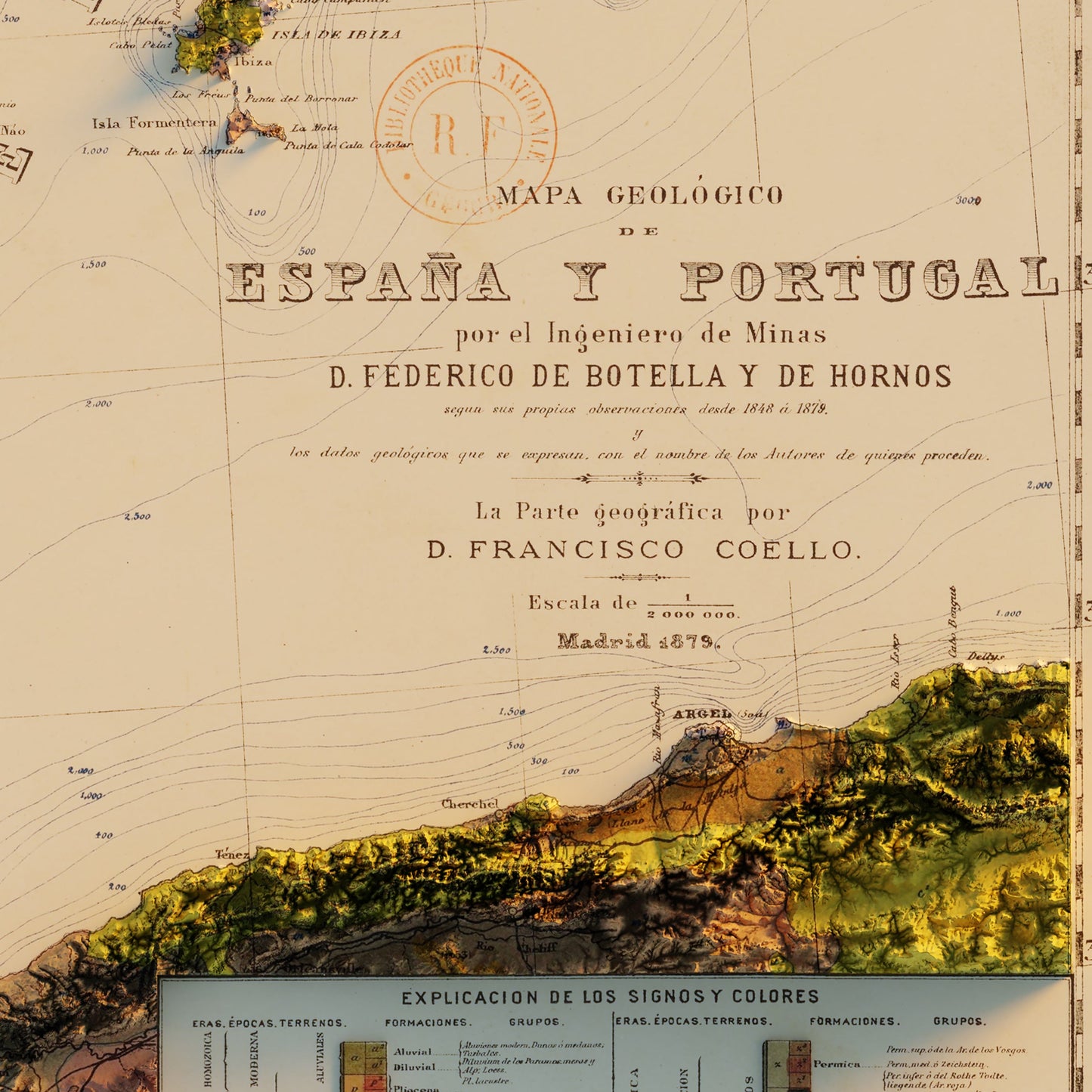 Spain and Portugal 1879 Shaded Relief Map