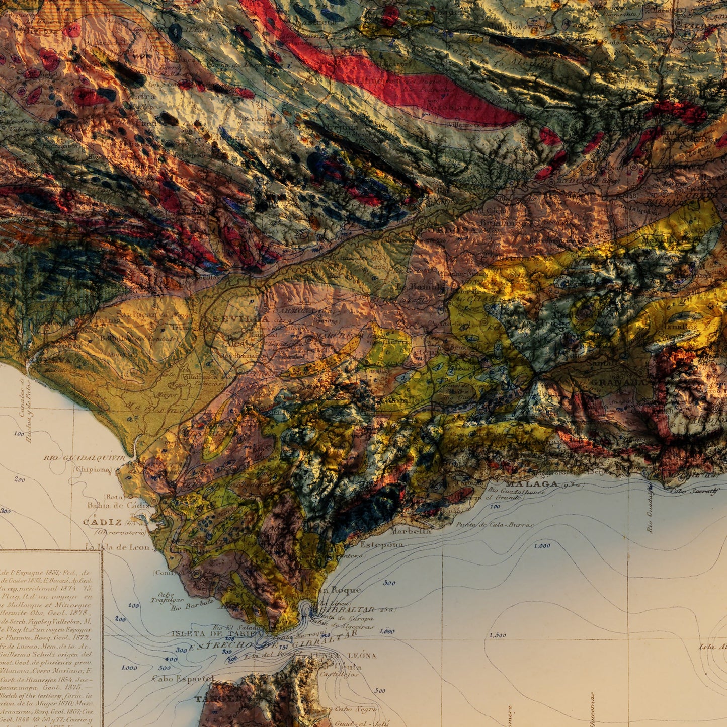 Spain and Portugal 1879 Shaded Relief Map
