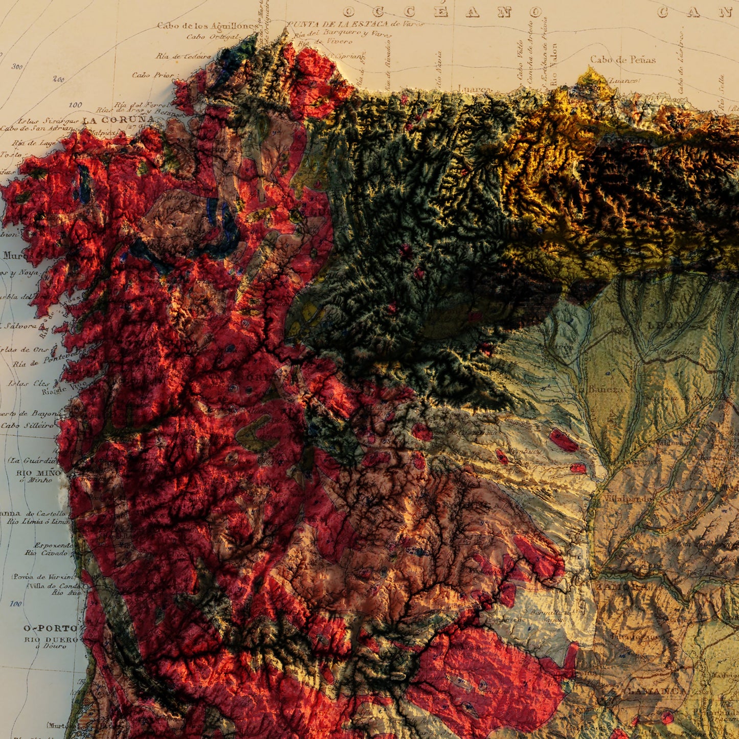 Spain and Portugal 1879 Shaded Relief Map