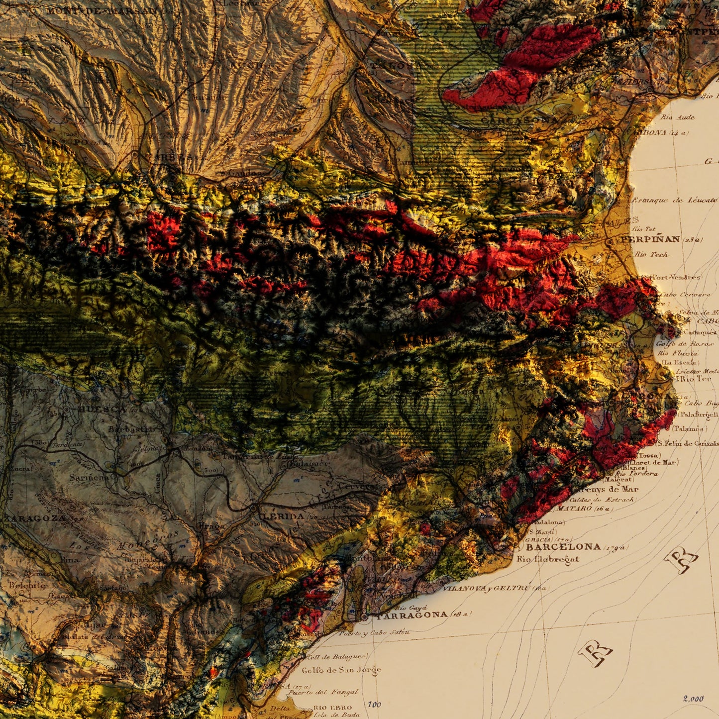 Spain and Portugal 1879 Shaded Relief Map