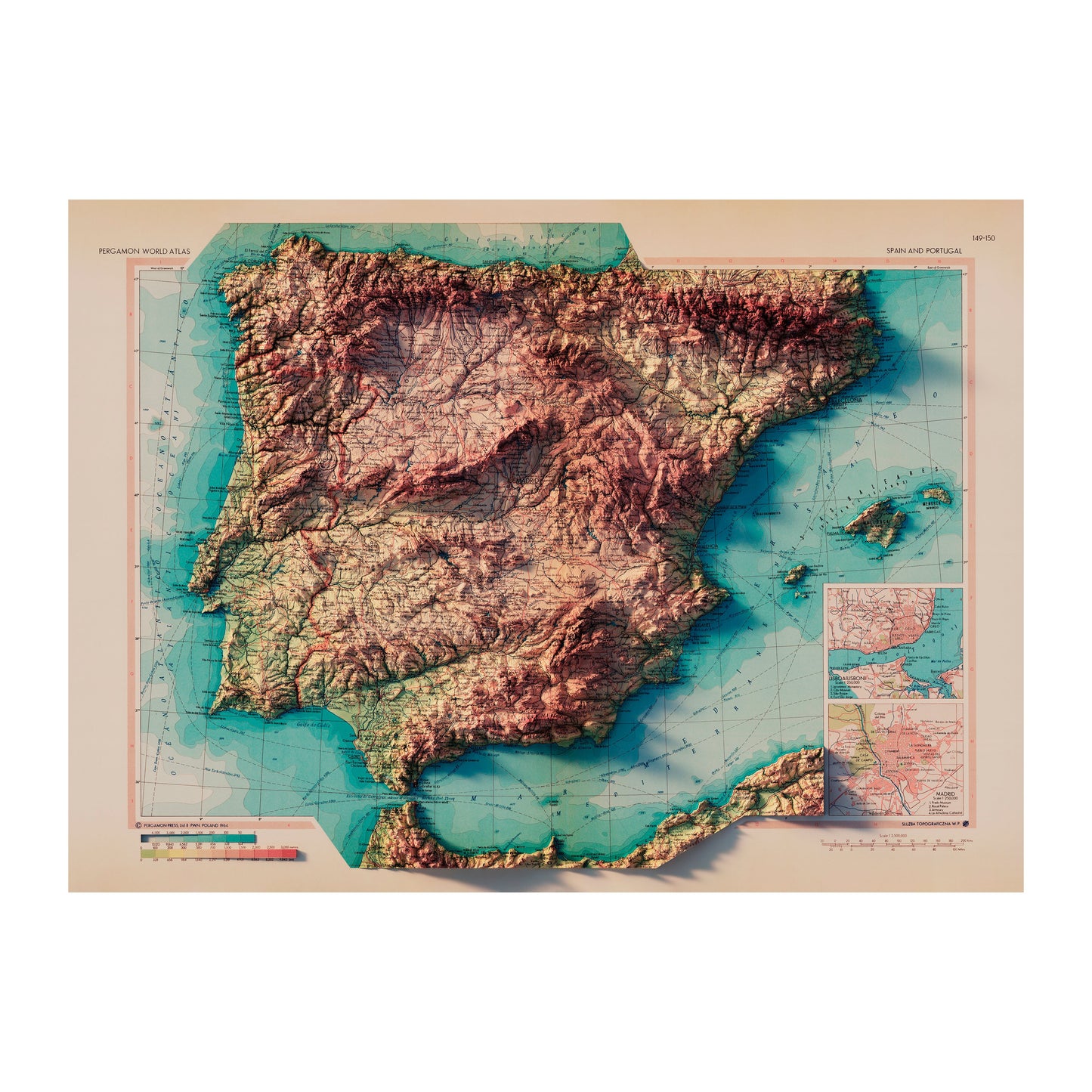 Vintage Spain and Portugal Relief Map - 1964