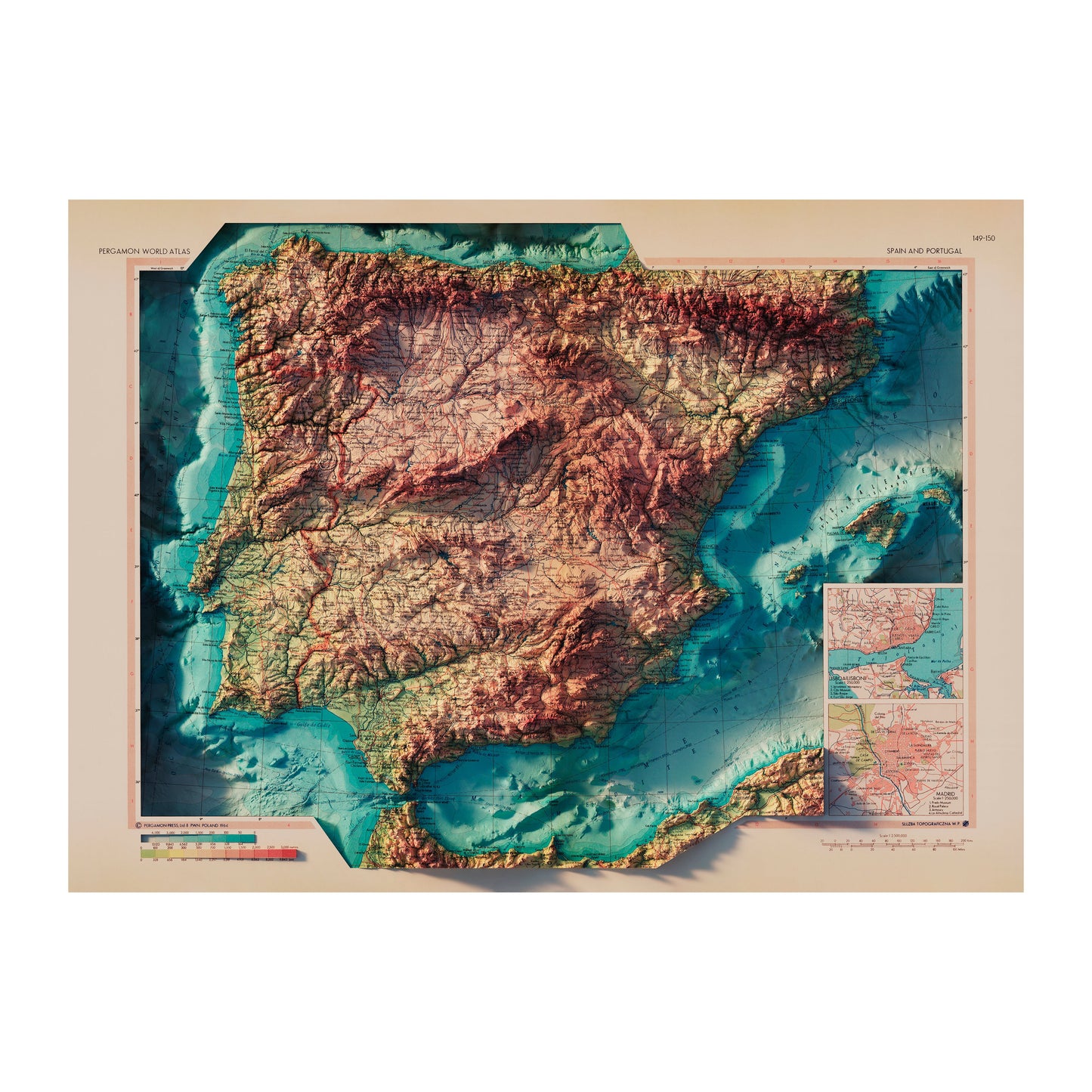 Vintage Spain and Portugal Relief Map - 1964