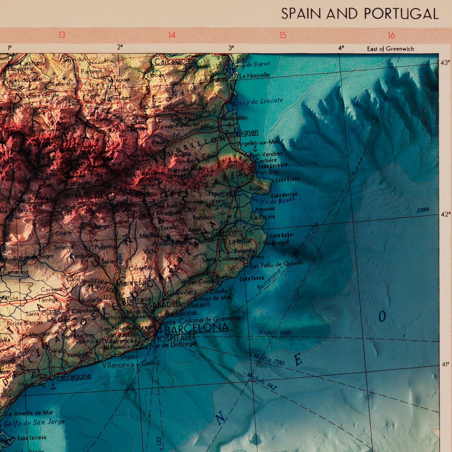 Spain and Portugal 1964 Shaded Relief Map