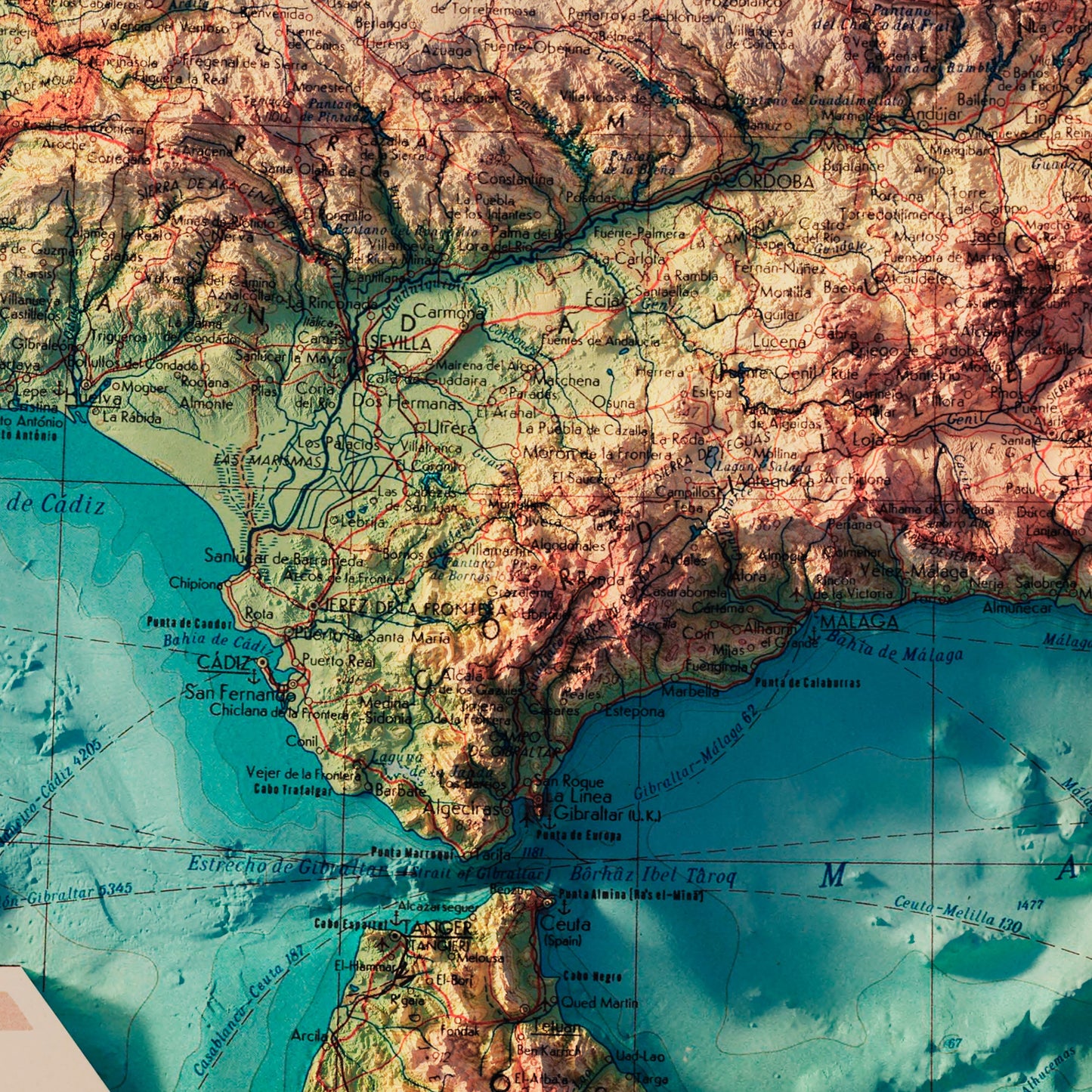 Spain and Portugal 1964 Shaded Relief Map