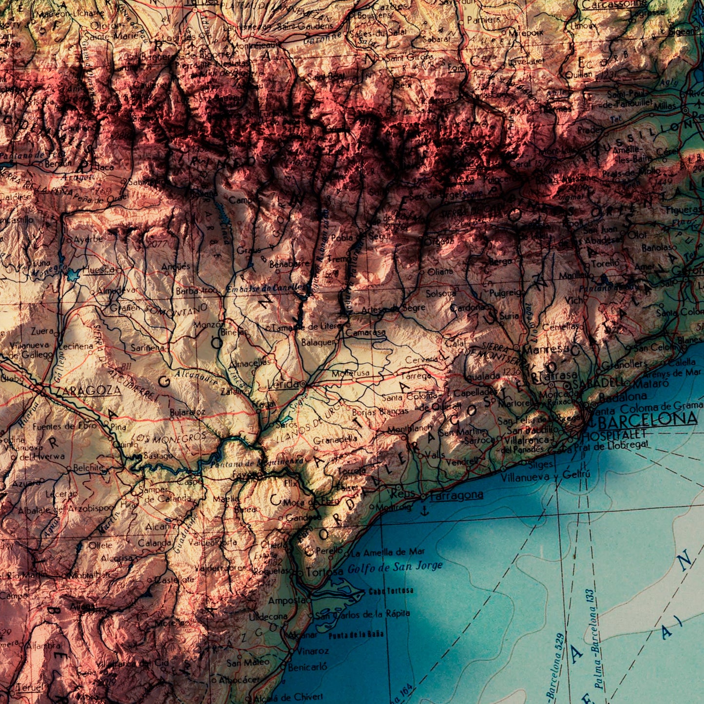 Spain and Portugal 1964 Shaded Relief Map