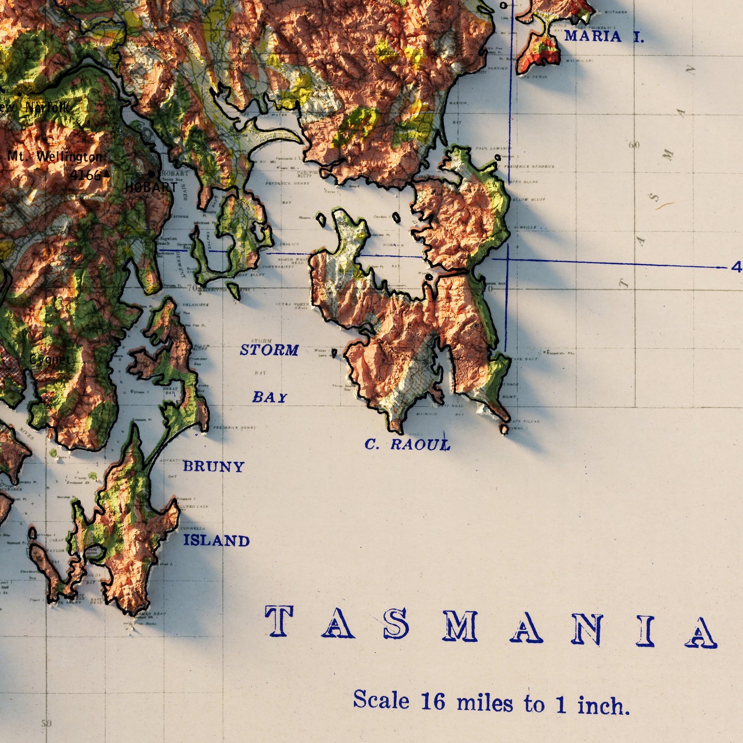 Tasmania 1947 Shaded Relief Map