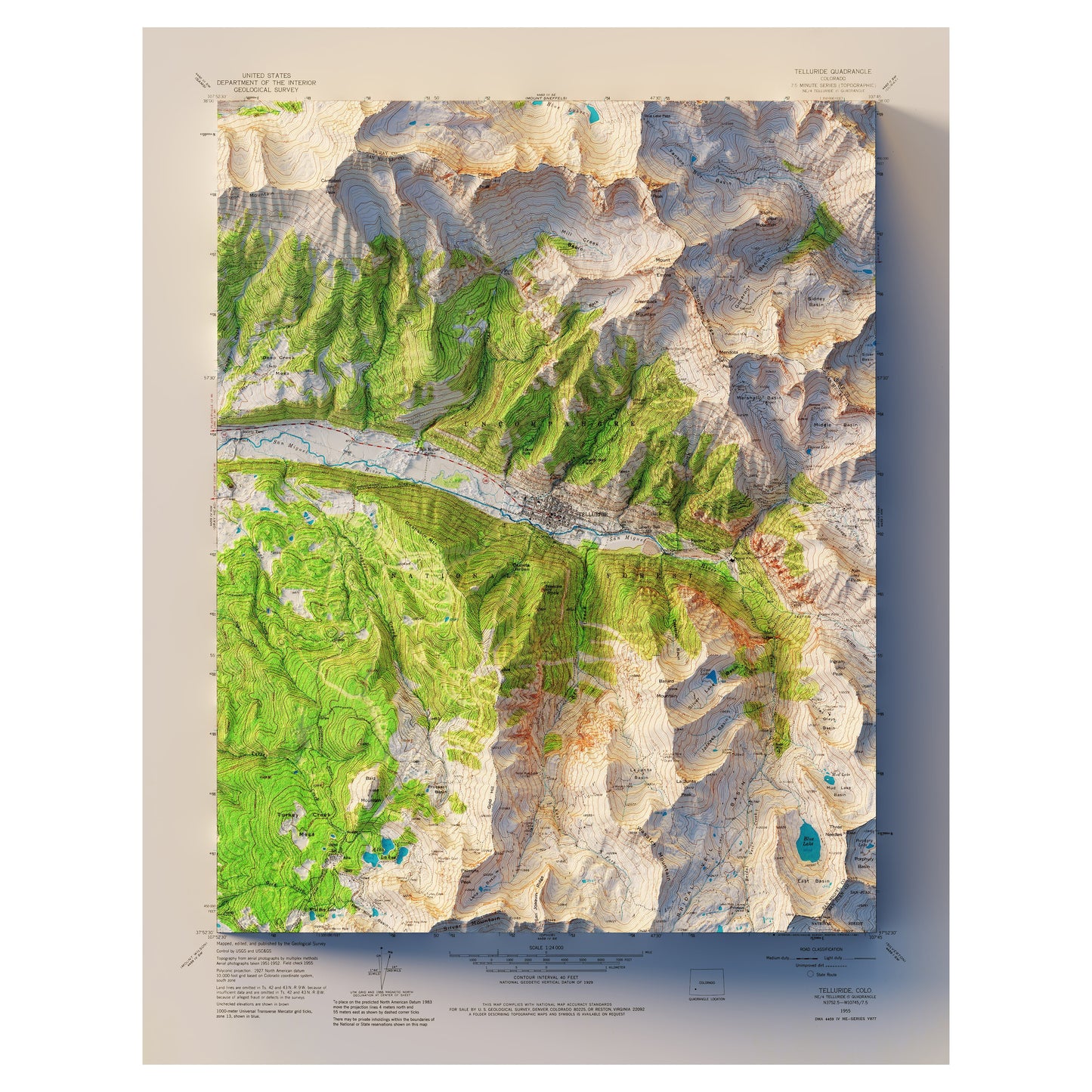 Telluride, Colorado 1955 Shaded Relief Map