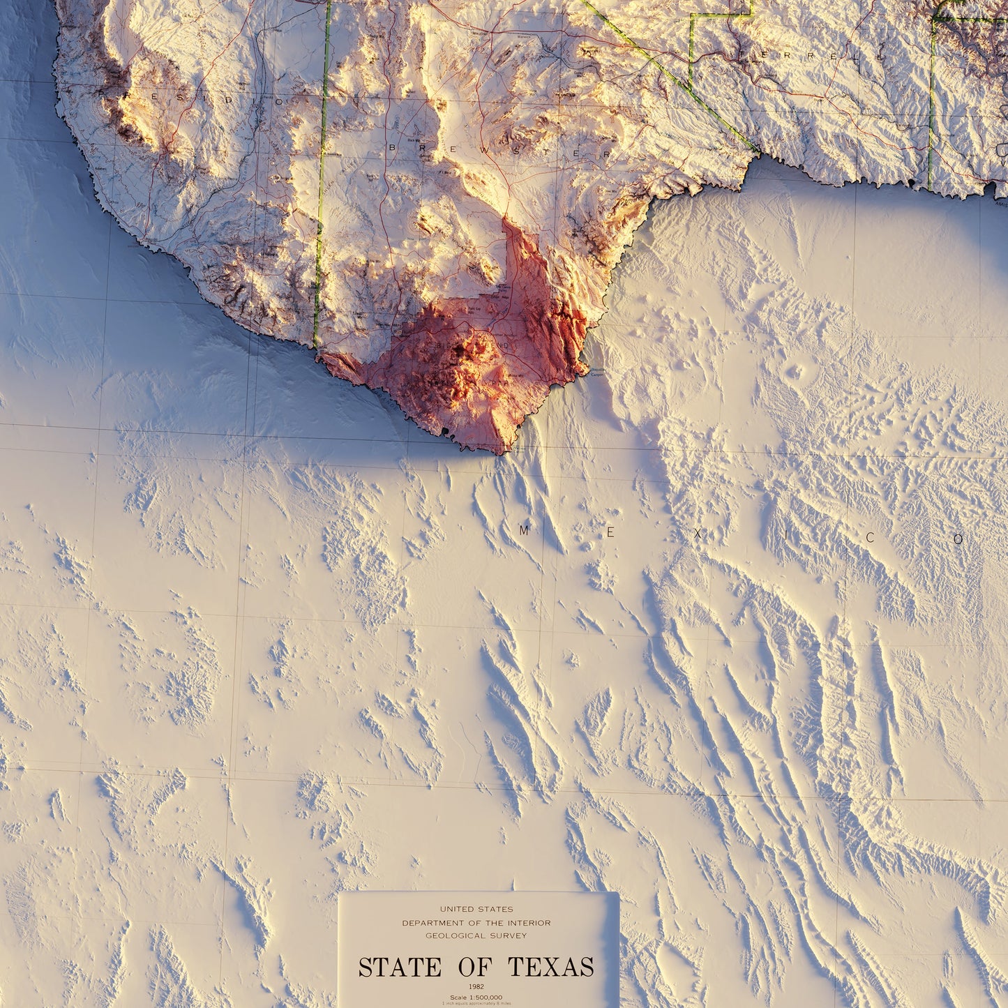 Texas 1982 Shaded Relief Map