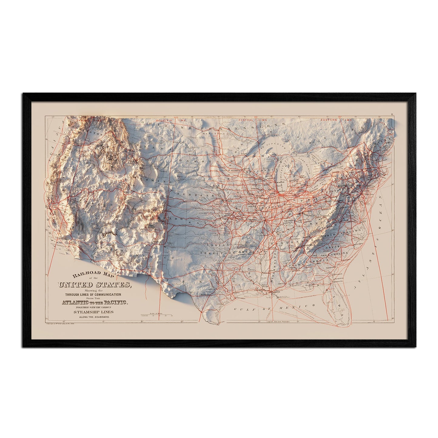 USA Railroad 1884 Shaded Relief Map