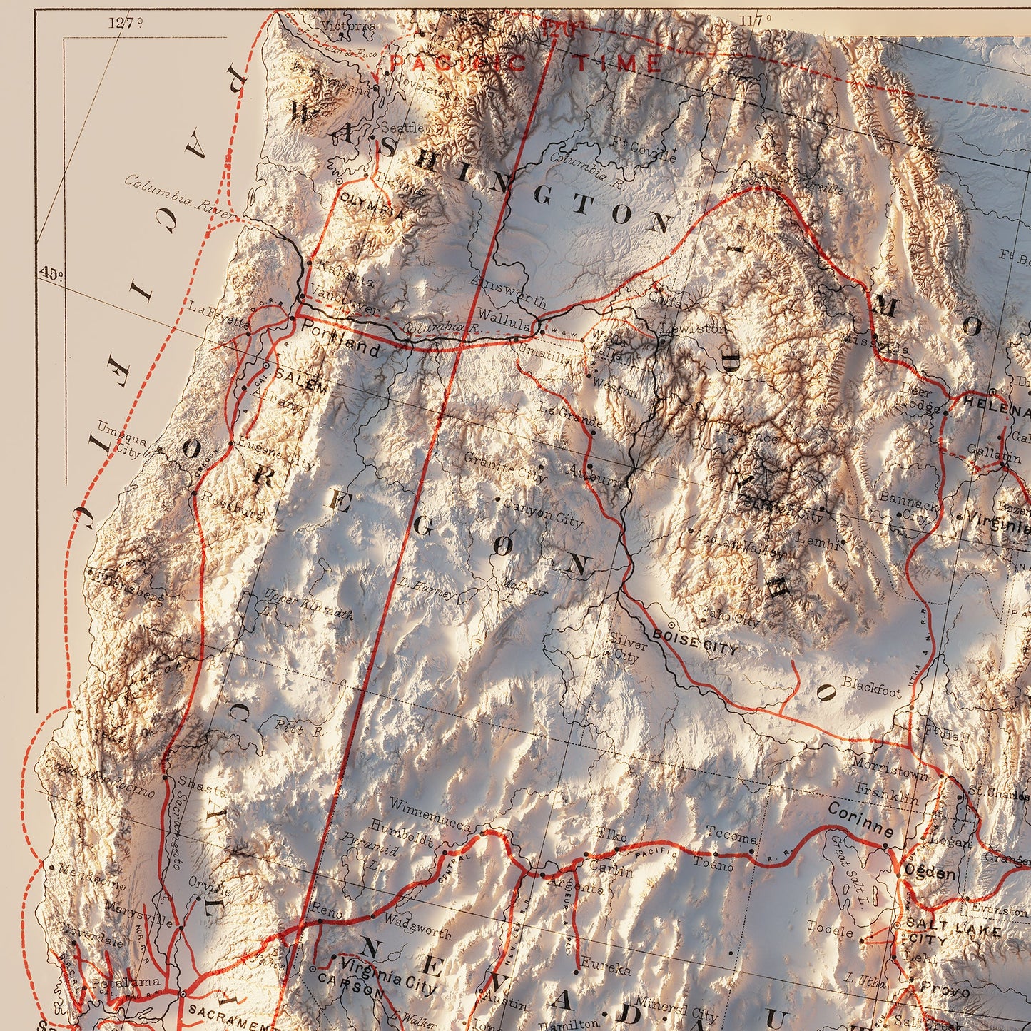 USA Railroad 1884 Shaded Relief Map