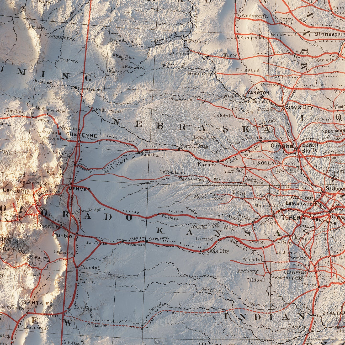 USA Railroad 1884 Shaded Relief Map