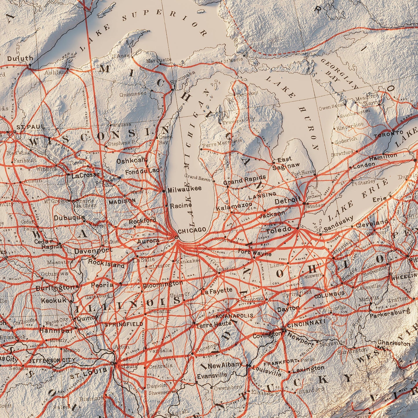 USA Railroad 1884 Shaded Relief Map
