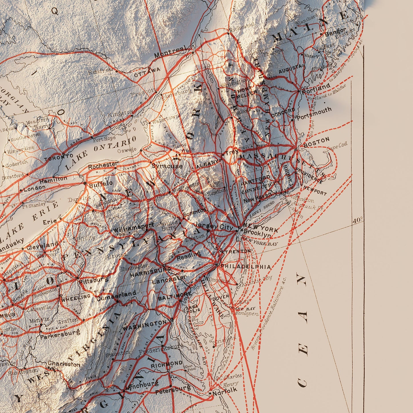 USA Railroad 1884 Shaded Relief Map