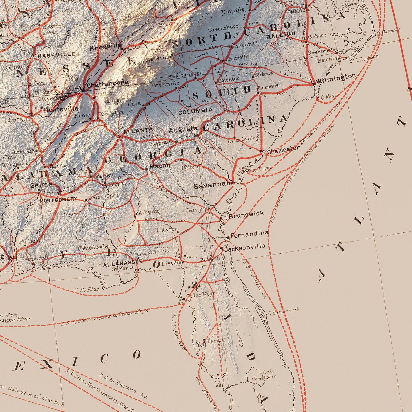 USA Railroad 1884 Shaded Relief Map