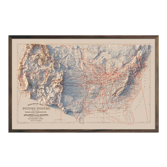USA Railroad 1884 Shaded Relief Map