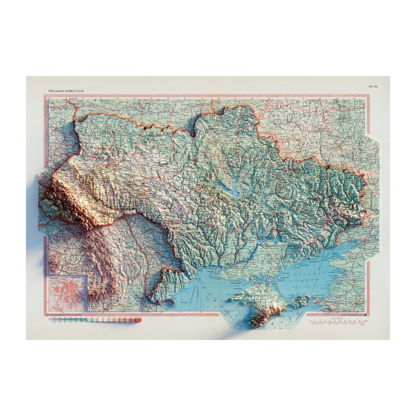 Vintage 1967 Relief Map of Ukraine