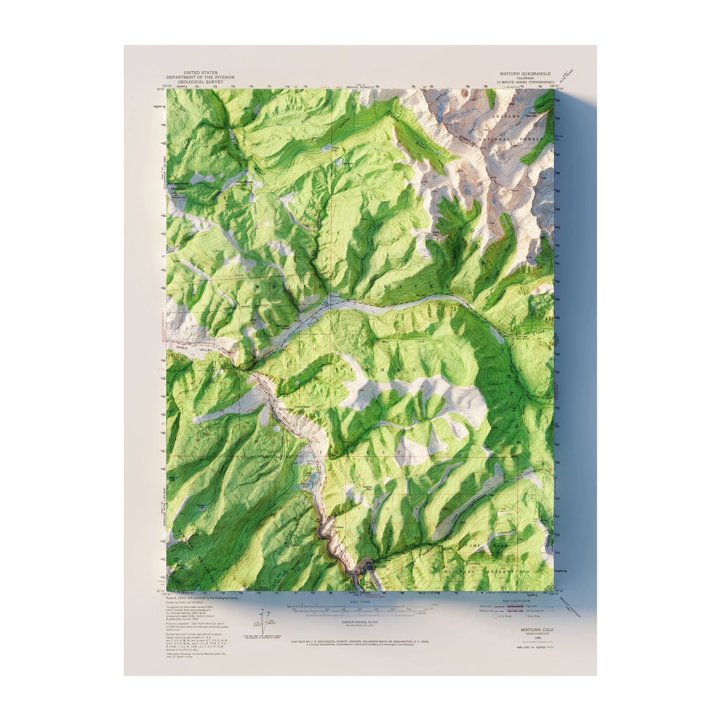 Vail, Colorado 1950 Shaded Relief Map
