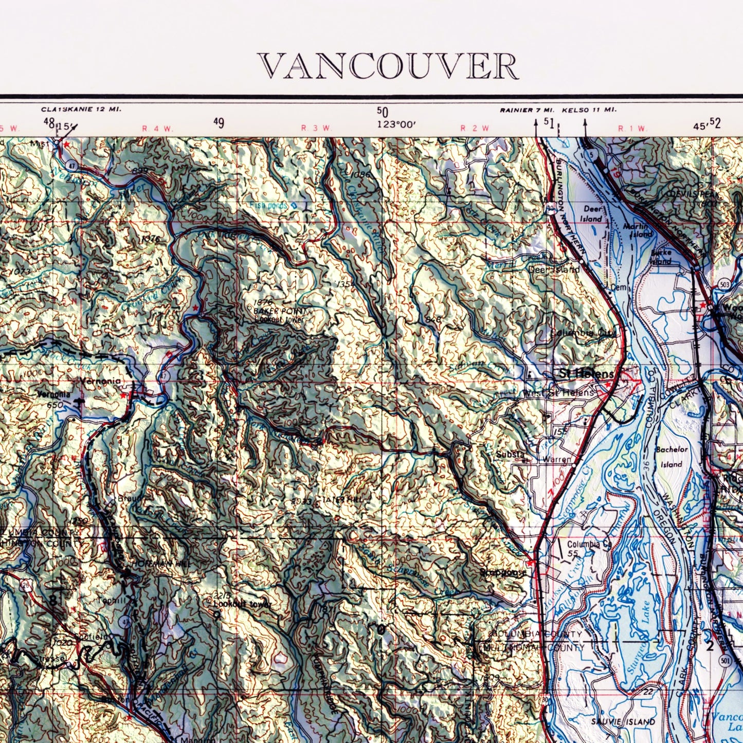 Vancouver, Washington 1958 Shaded Relief Map