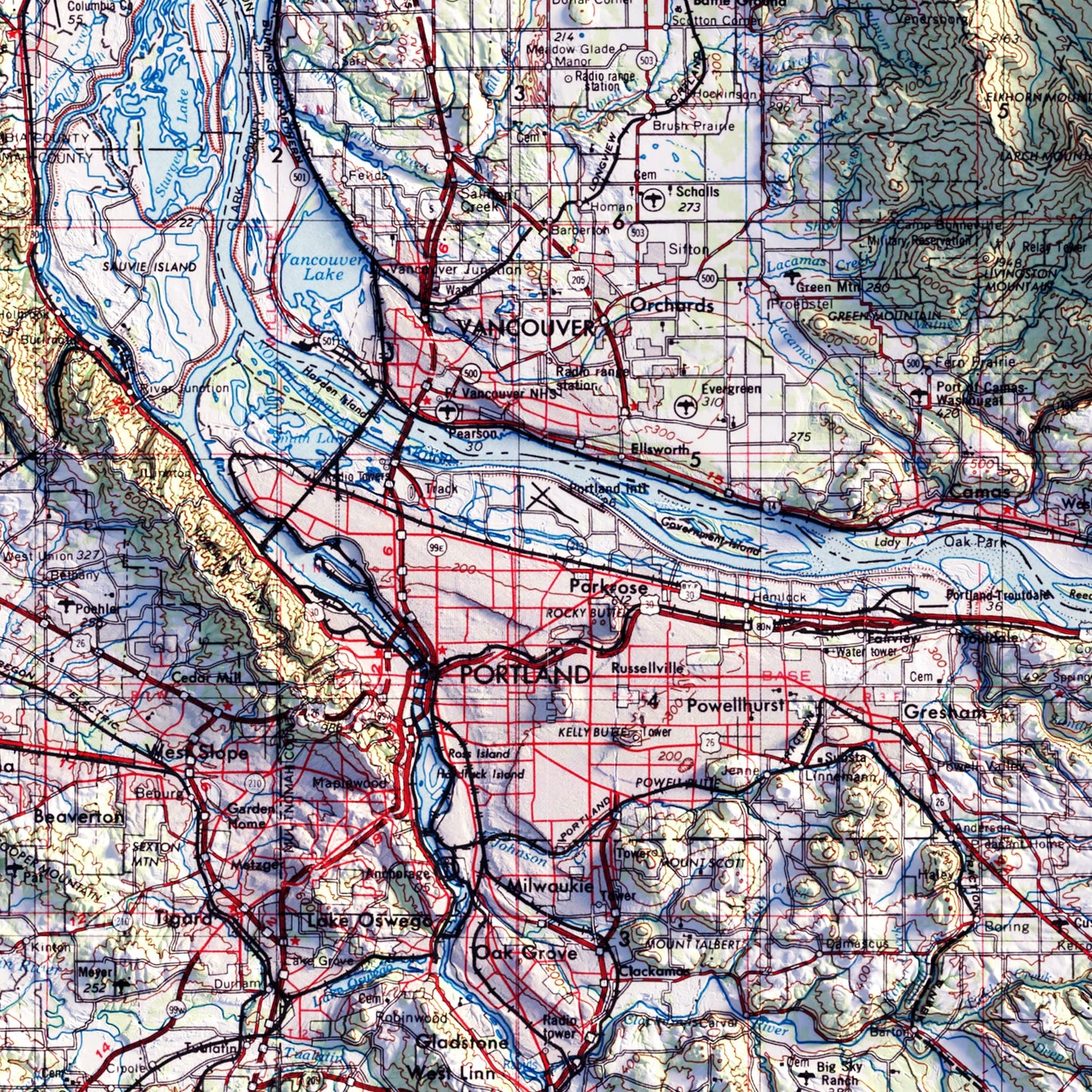 Vancouver, Washington 1958 Shaded Relief Map