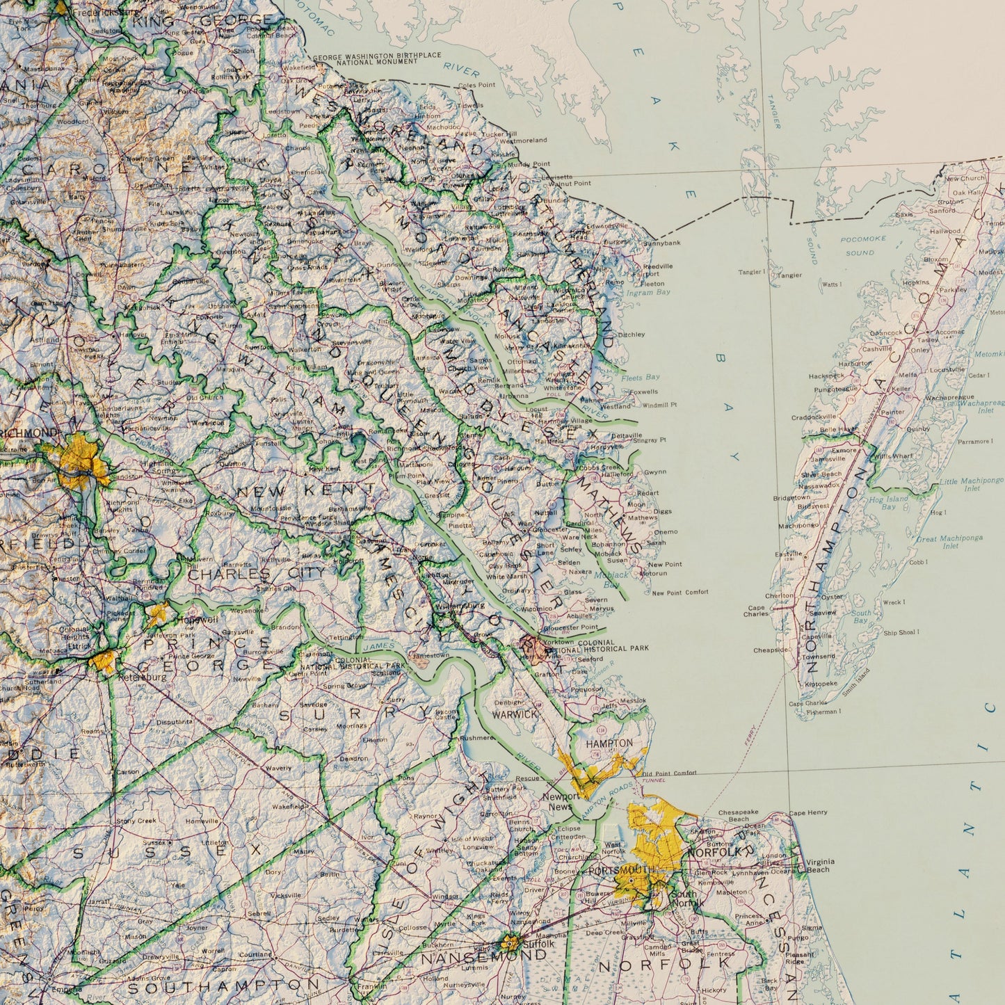 Virginia 1957 Shaded Relief Map