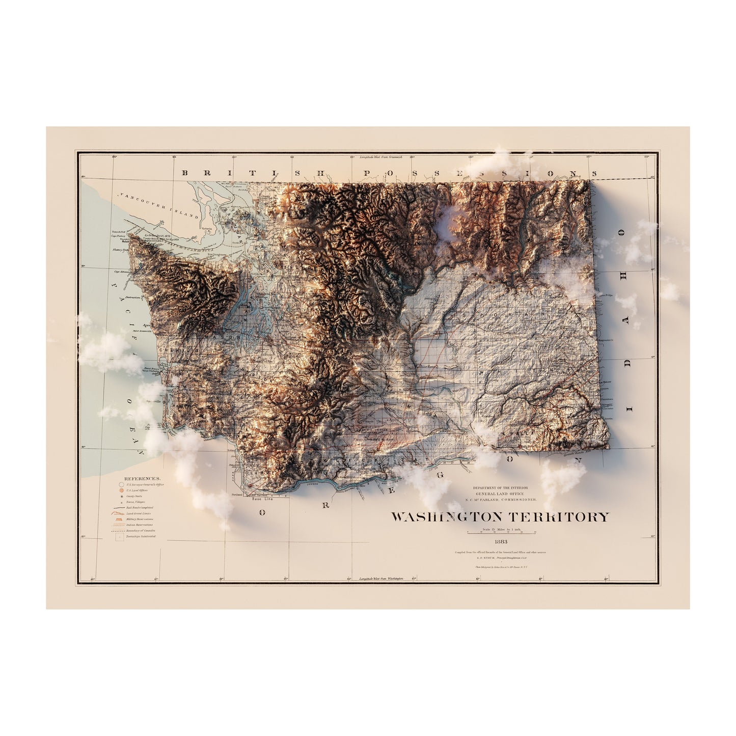 Vintage Washington Relief Map - 1883