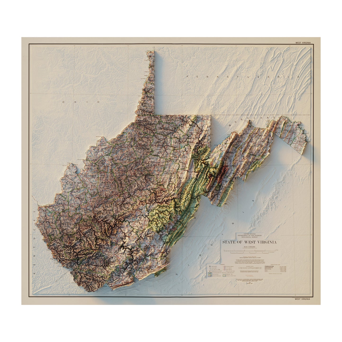 Vintage West Virginia Relief Map - 1984