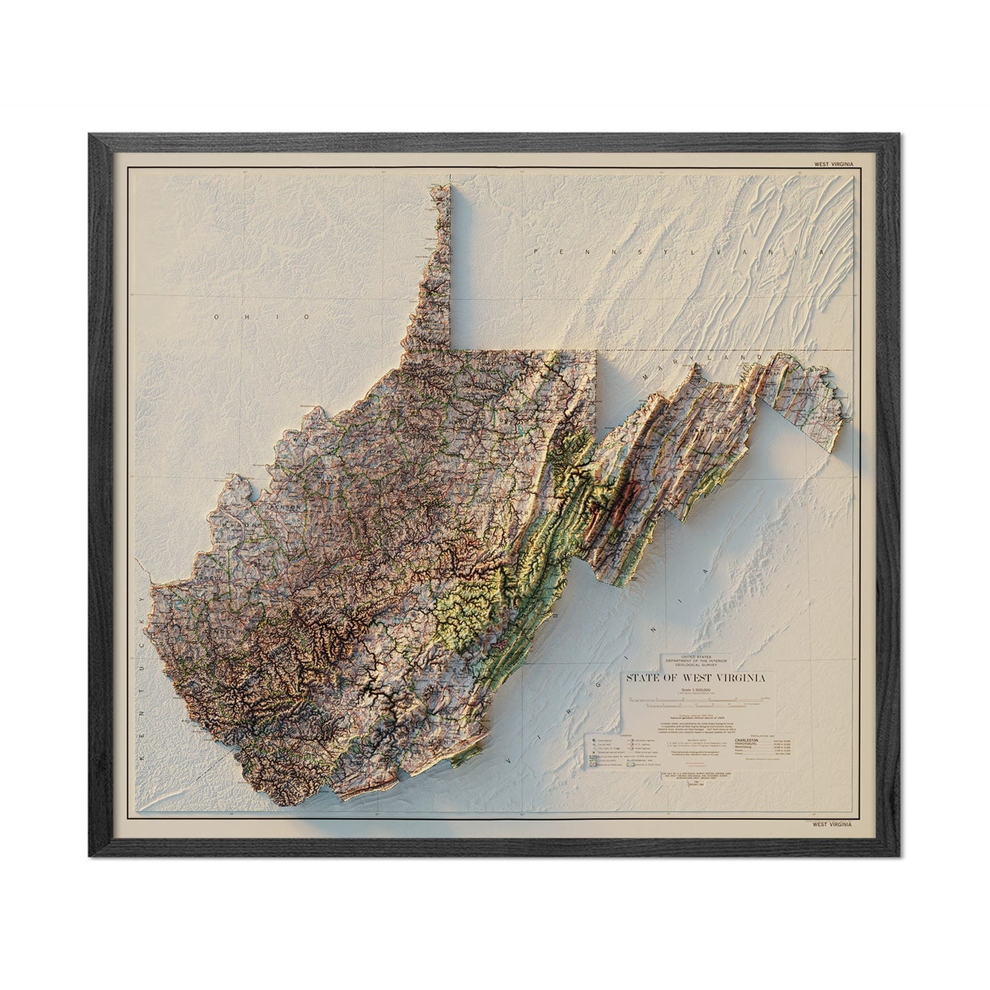 Vintage West Virginia Relief Map - 1984