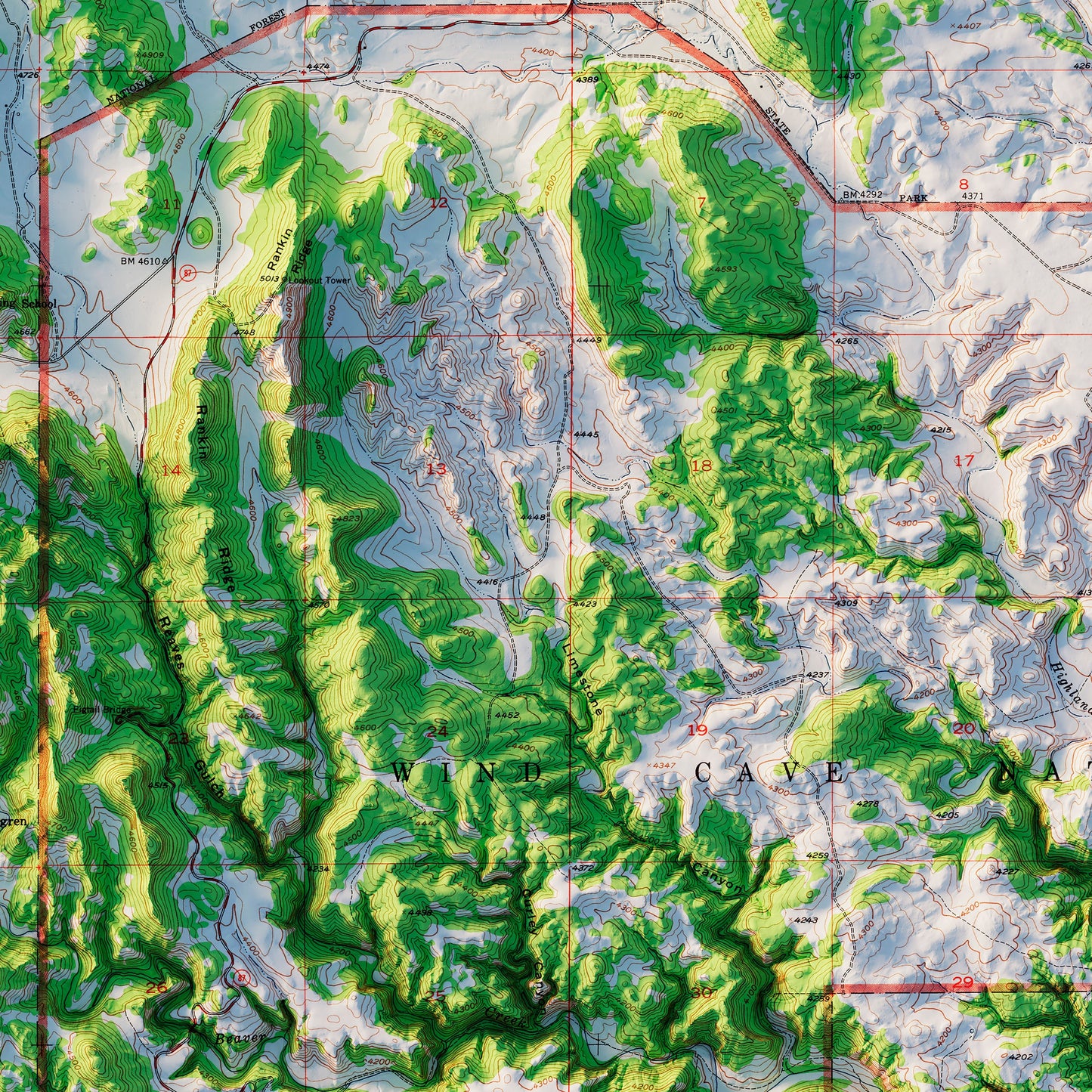 Wind Cave National Park 1957 Shaded Relief Map