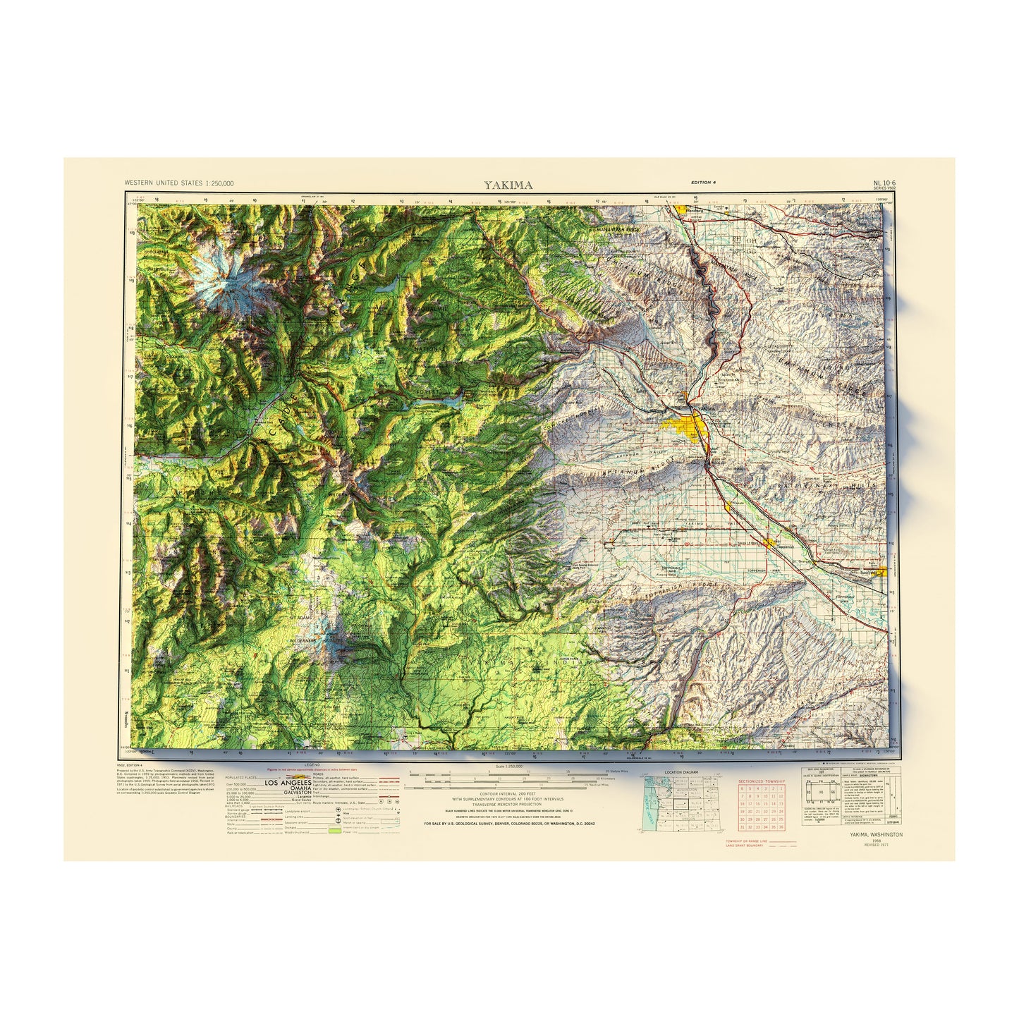 Yakima, WA 1958 Shaded Relief Map
