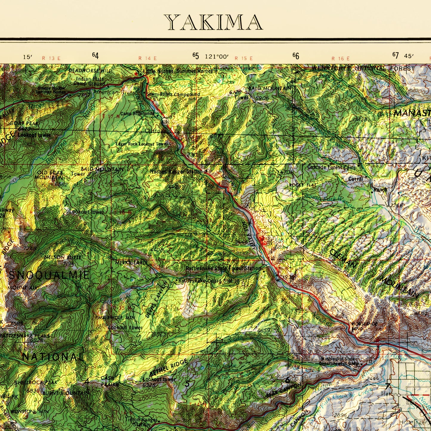 Yakima, WA 1958 Shaded Relief Map