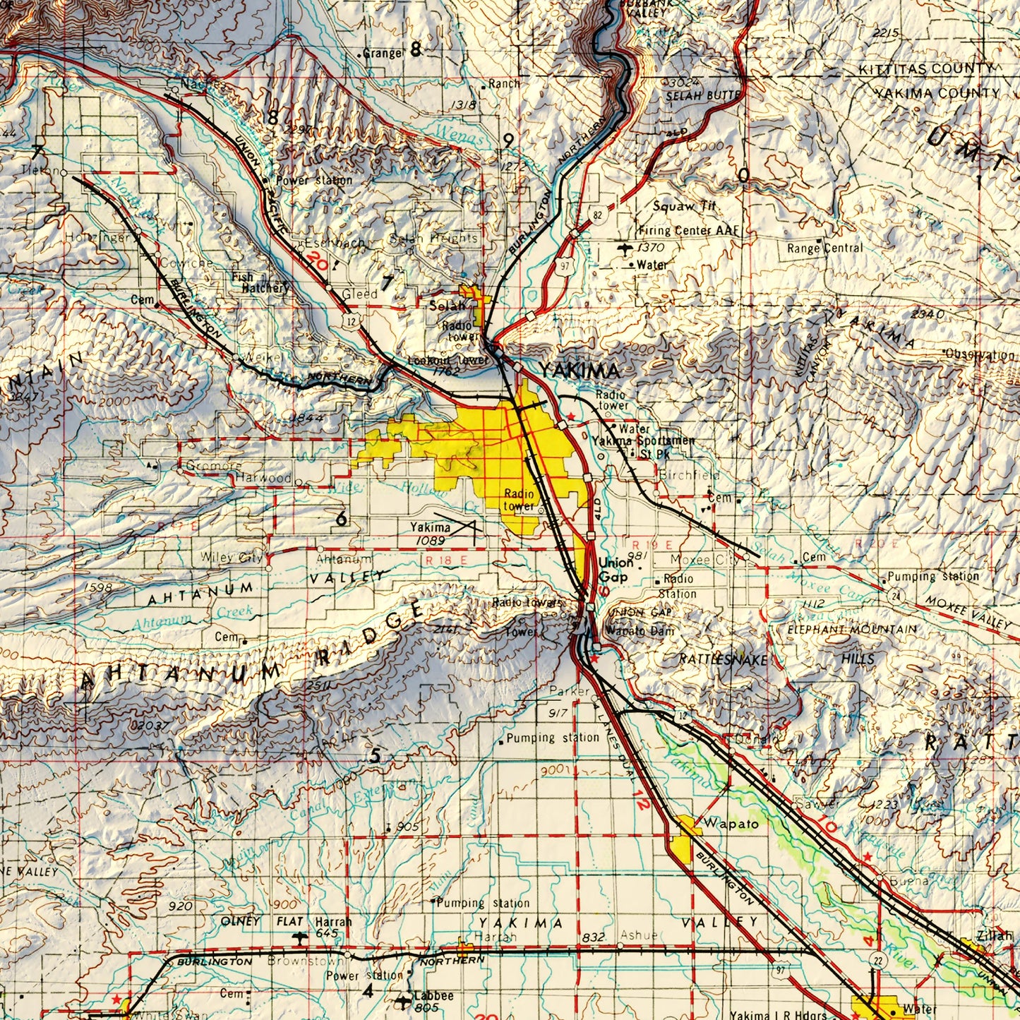 Yakima, WA 1958 Shaded Relief Map