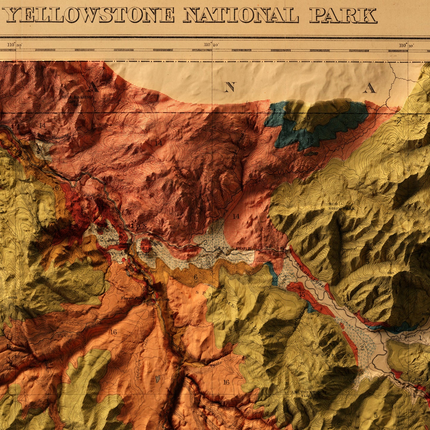 Yellowstone 1878 Shaded Relief Map