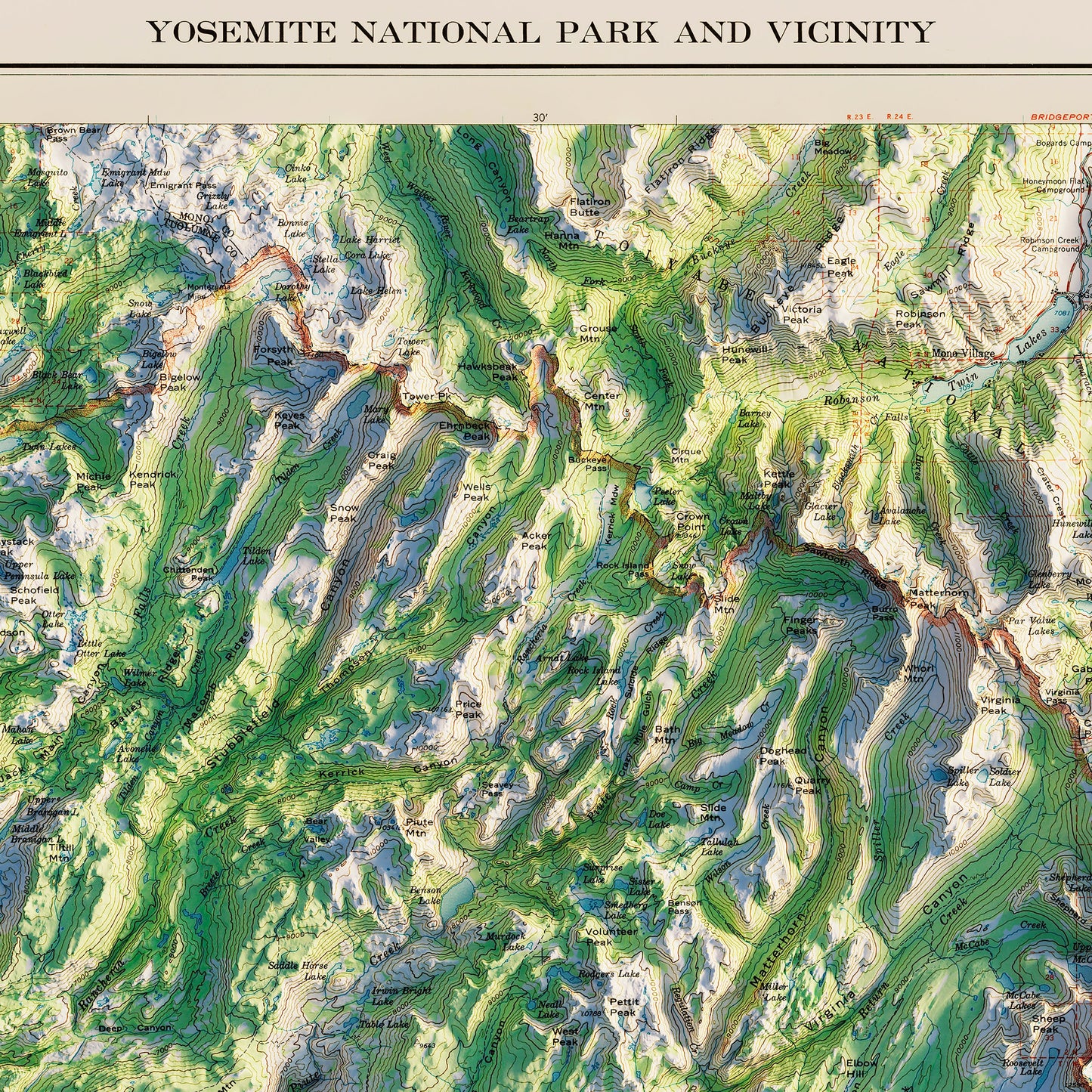 Yosemite National Park 1958 Shaded Relief Map