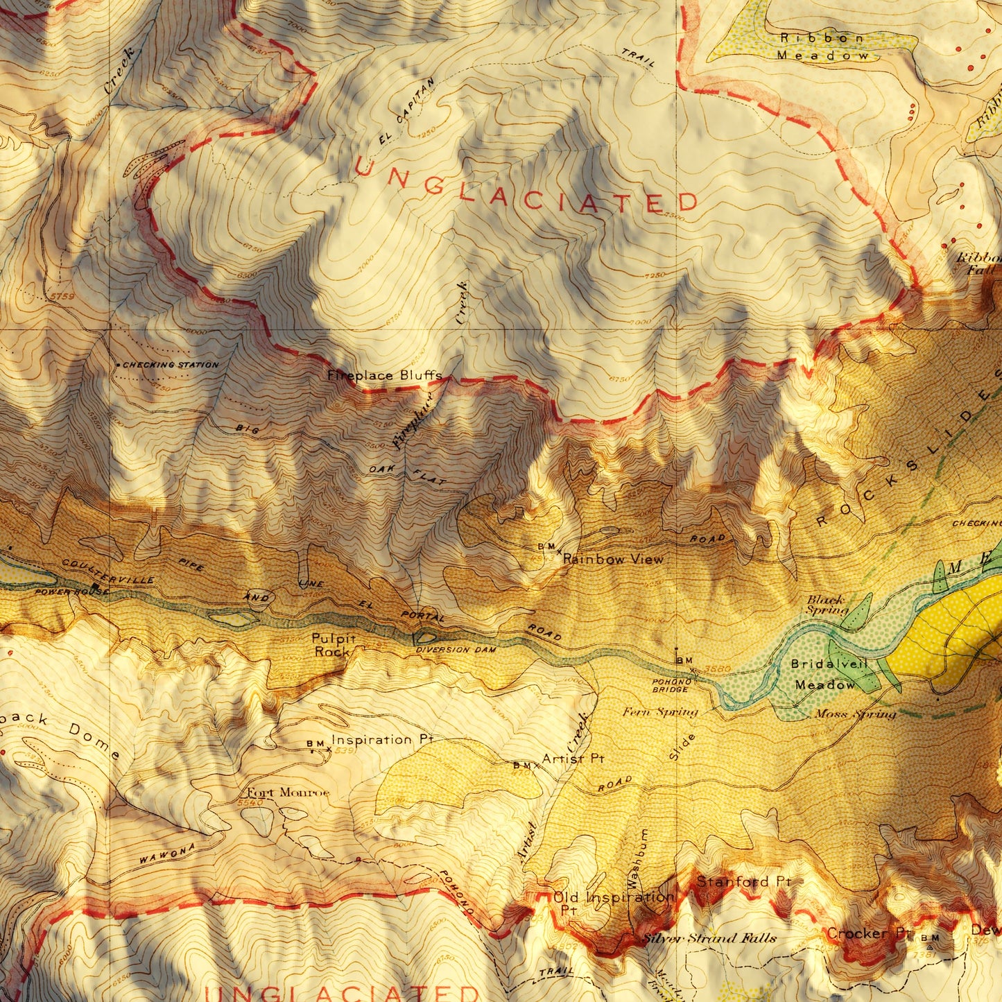 Yosemite Valley 1930 Shaded Relief Map