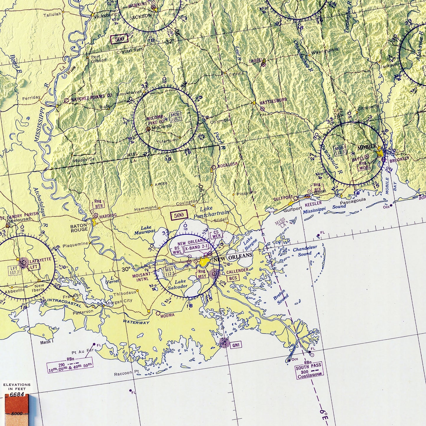 Aeronautical Chart - USA Southeast 1950 Shaded Relief Map