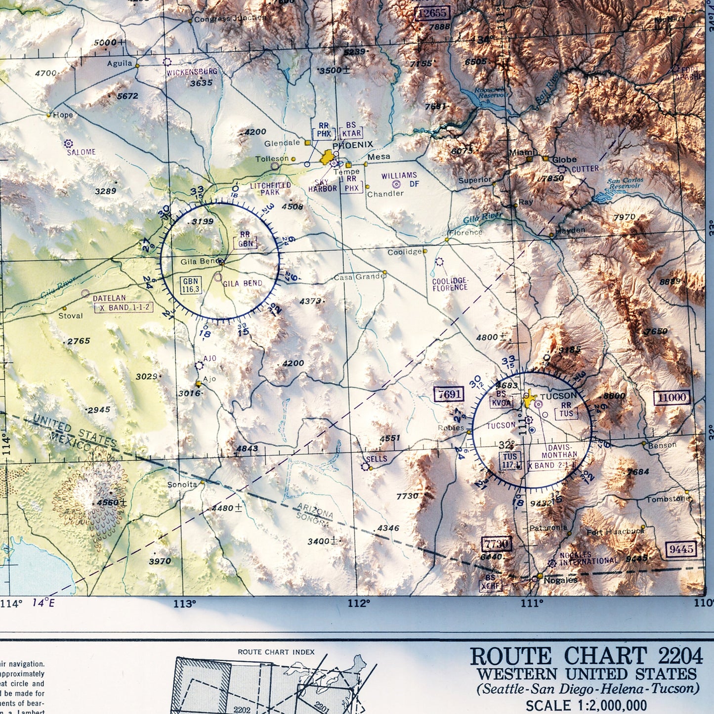 Aeronautical Chart - USA Southwest 1950 Shaded Relief Map