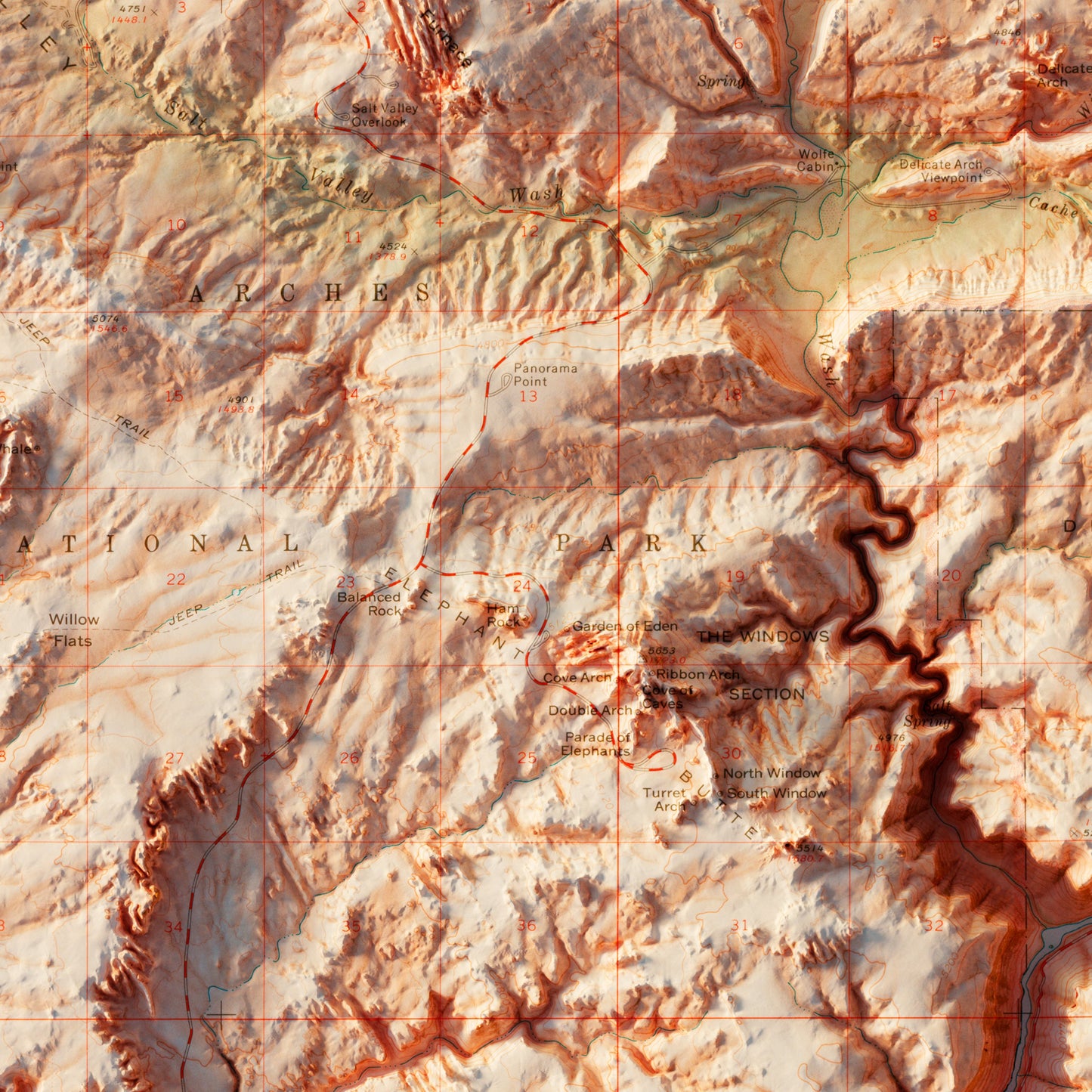 Arches National Park 1974 Shaded Relief Map