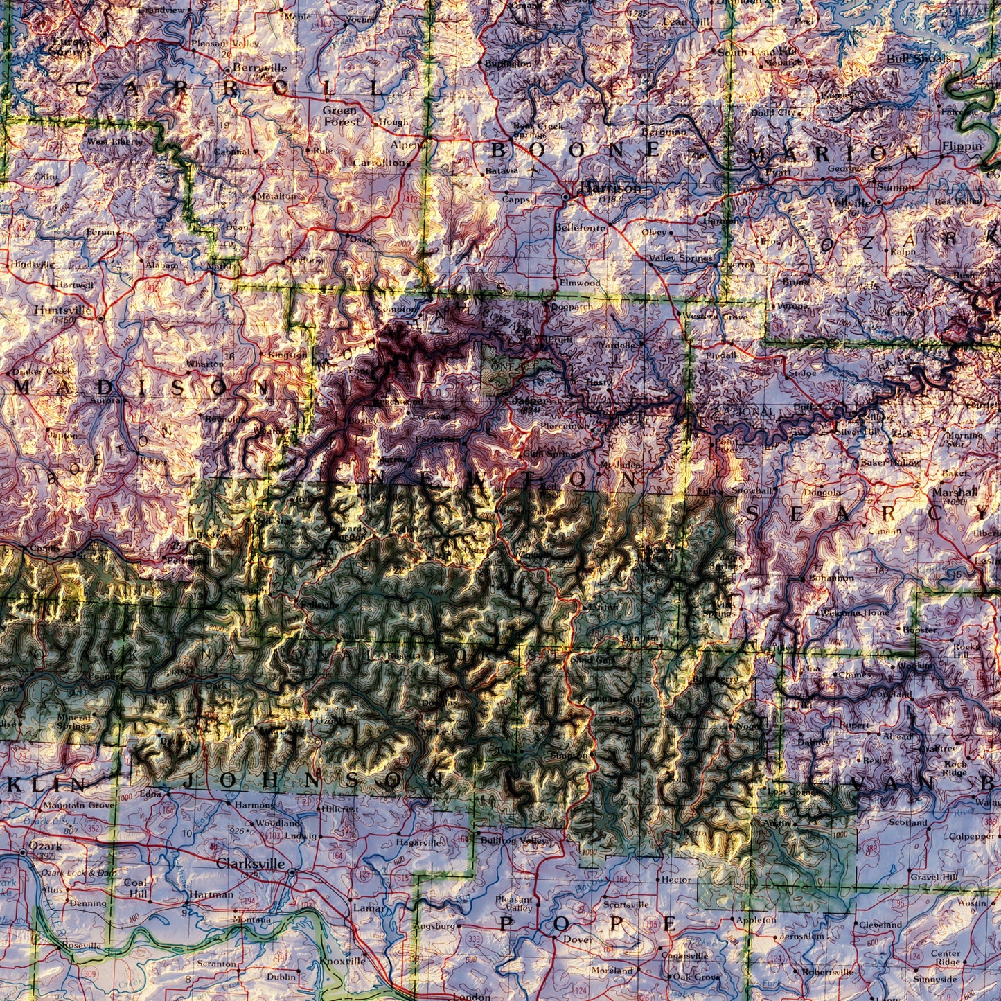 Arkansas 1990 Shaded Relief Map