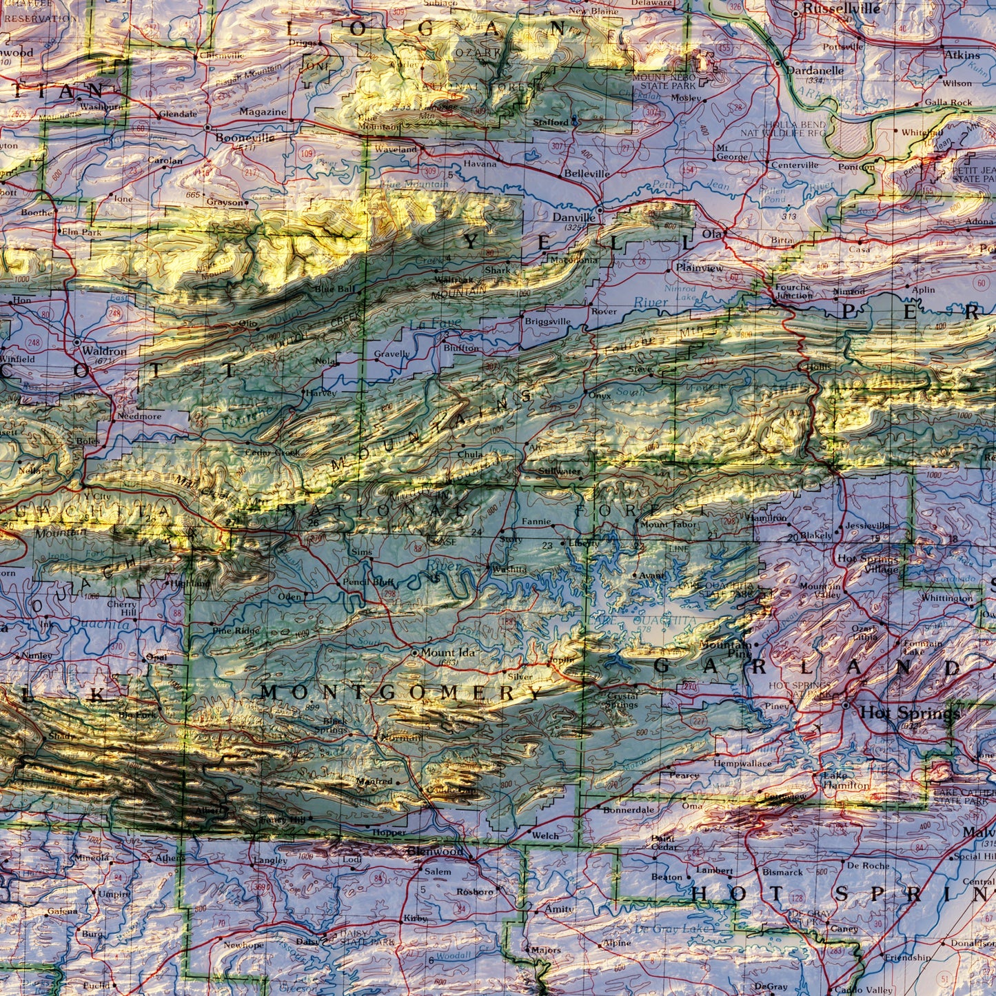 Arkansas 1990 Shaded Relief Map