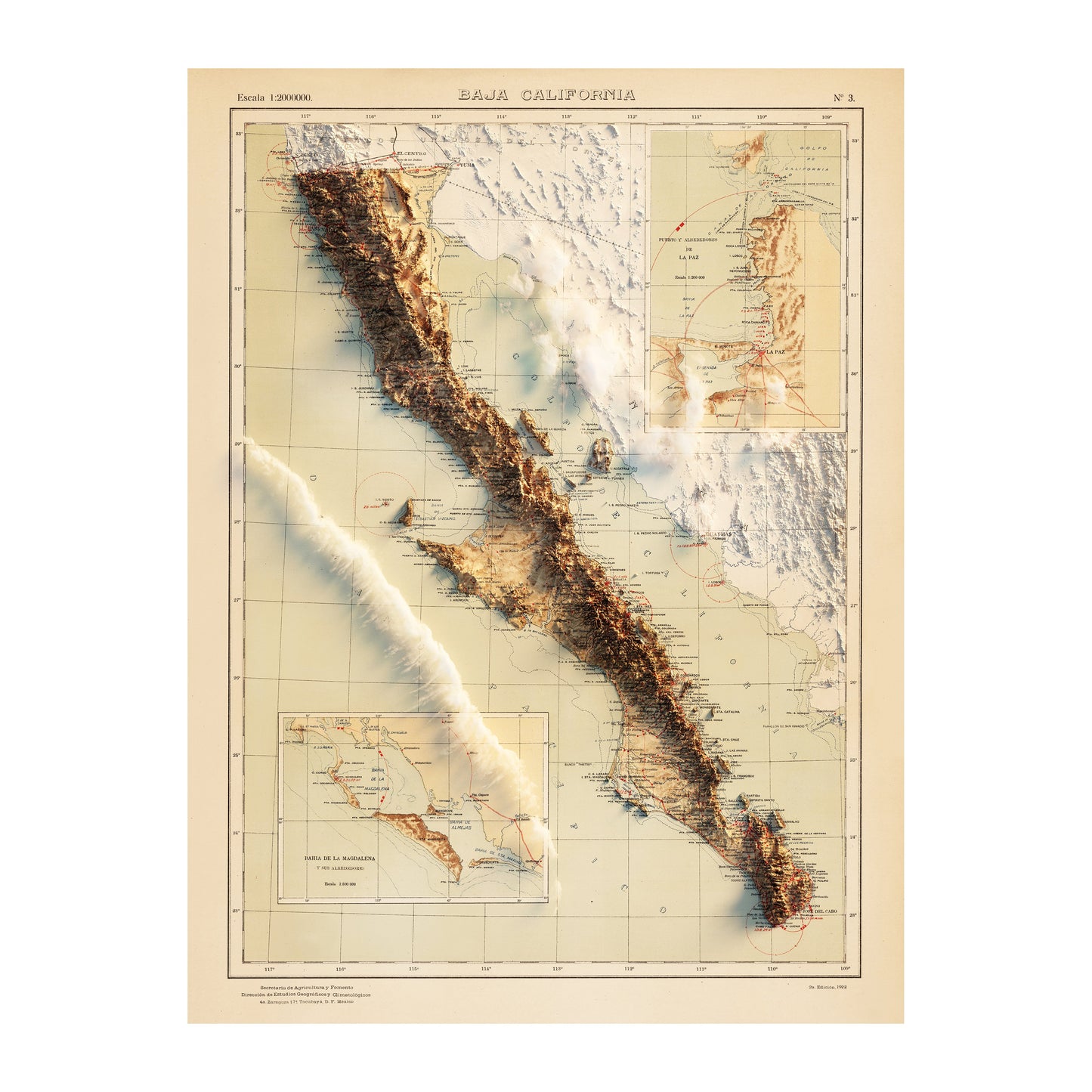 Vintage Baja Relief Map - 1922