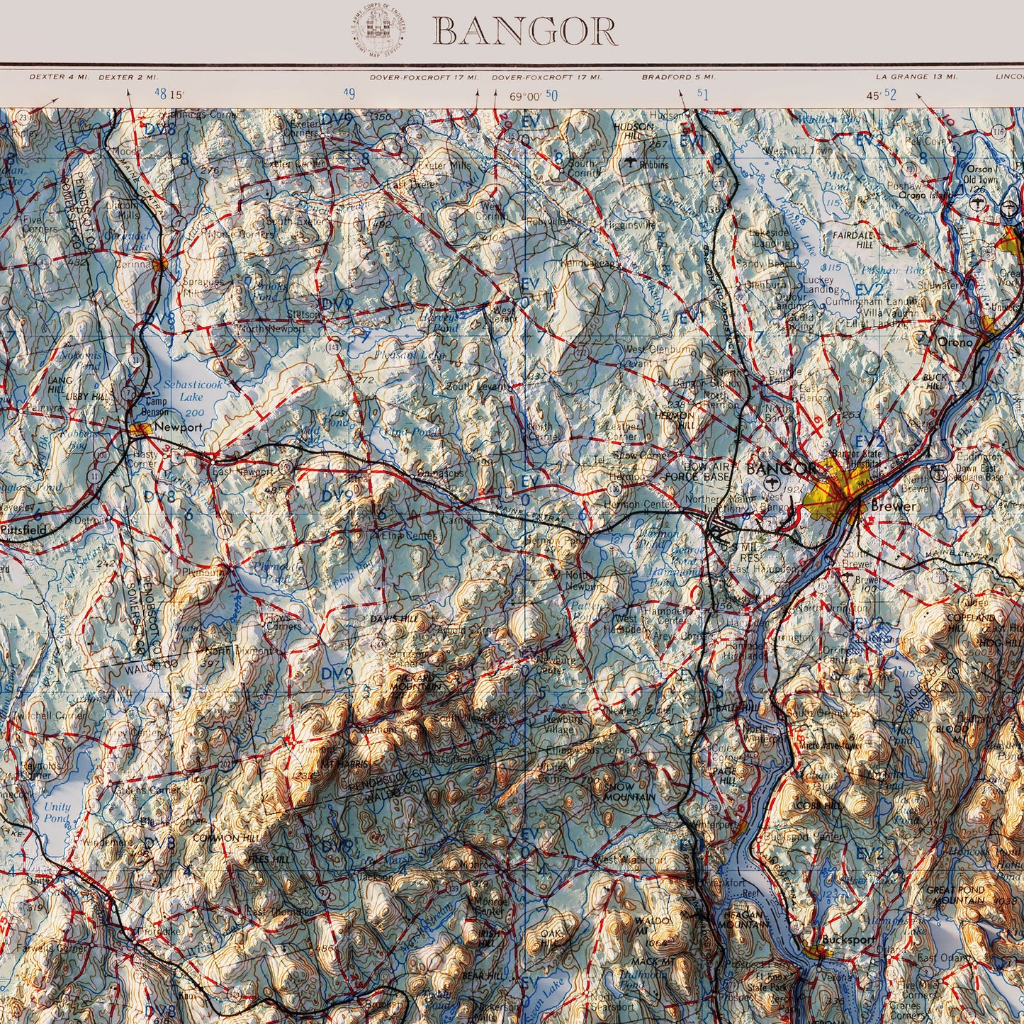 Bangor, Maine 1960 Shaded Relief Map